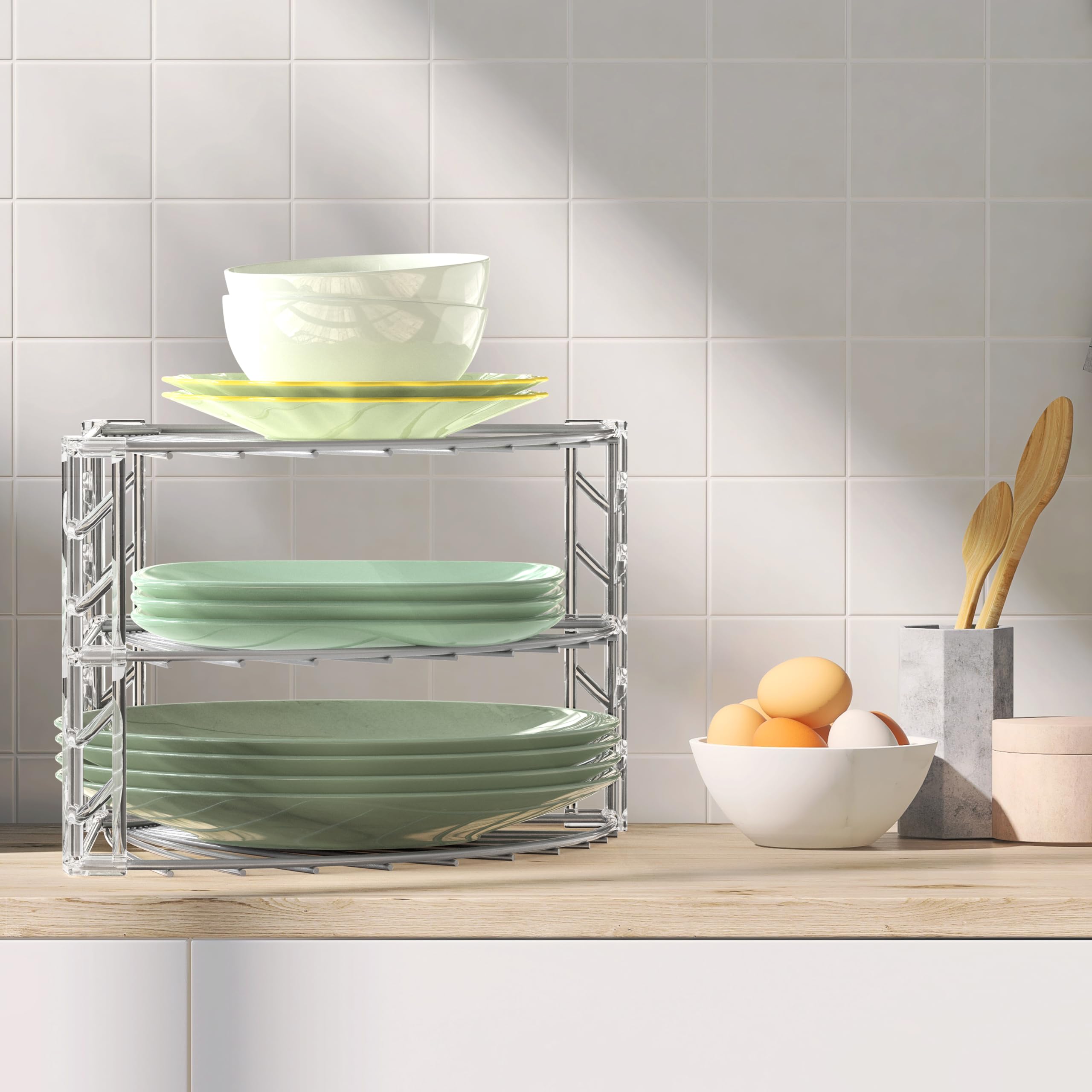 3-Tier Corner Shelf Organizer for Kitchen Counter - Space Saving Storage Rack for Spices, Utensils & Small Appliances - Silver Metal Organizer for Home, Office & Bathroom