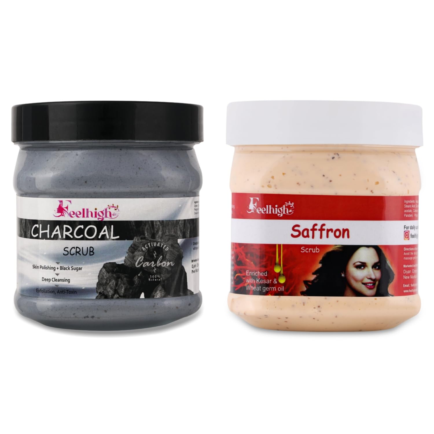 Feelhigh Charcoal & Saffron Face & Body Scrub (500ml) - Deep Cleansing Exfoliator for Glowing Skin | Organic Skincare for Acne, Blackheads & Dead Skin Removal | Perfect for Daily Facial & Body Care Routine