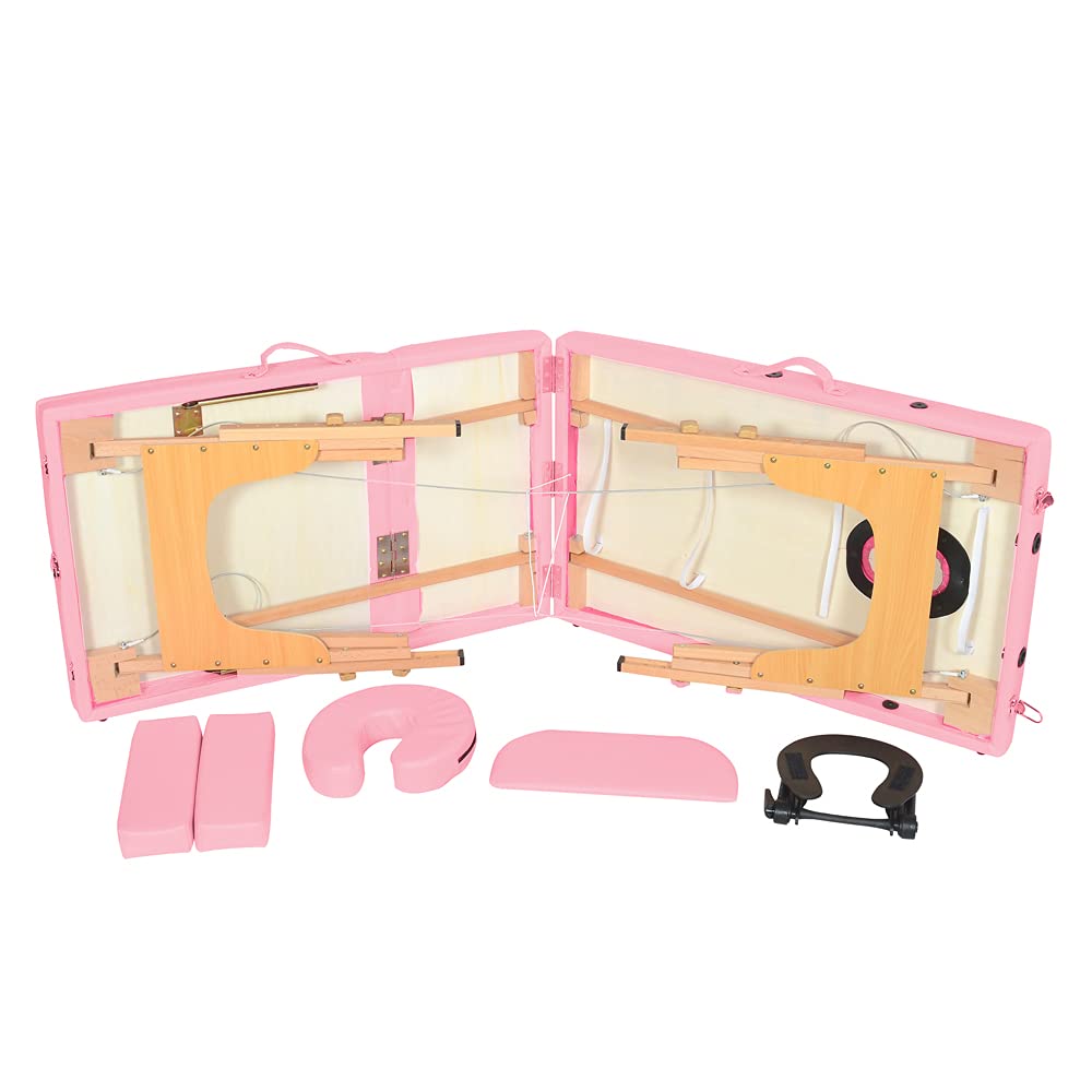 Professional Portable Folding Massage Table - 3 Height Adjustable Wood Leg PU Leather Massage Bed with Ergonomic Headrest & Face Hole - Perfect for Spa, Home Use, and Professional Therapists (Pink)