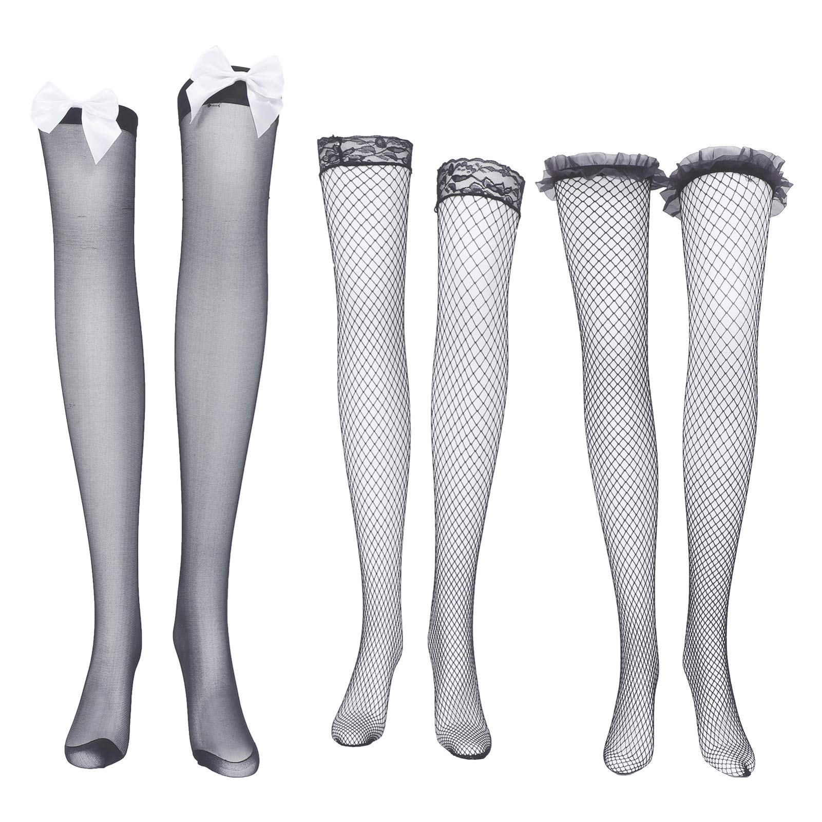 KESYOO 3 Pairs Women's Sexy Lace Thigh High Stockings - Sheer Net Pantyhose with Bow for Clubwear & Lingerie | Perfect for Date Night, Cosplay & Fashion Outfits