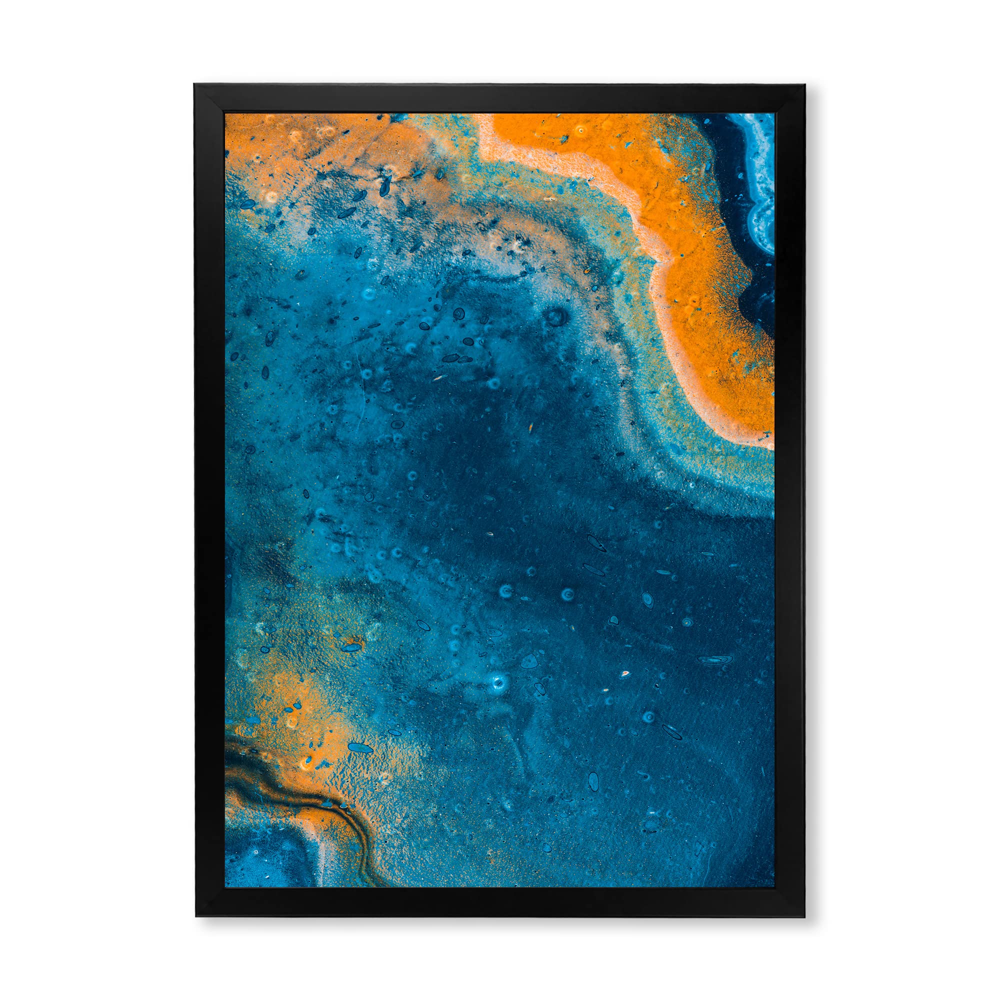 Abstract Marble Composition Wall Art in Blue & Orange - Modern Framed Canvas Painting for Living Room, Bedroom & Office Decor