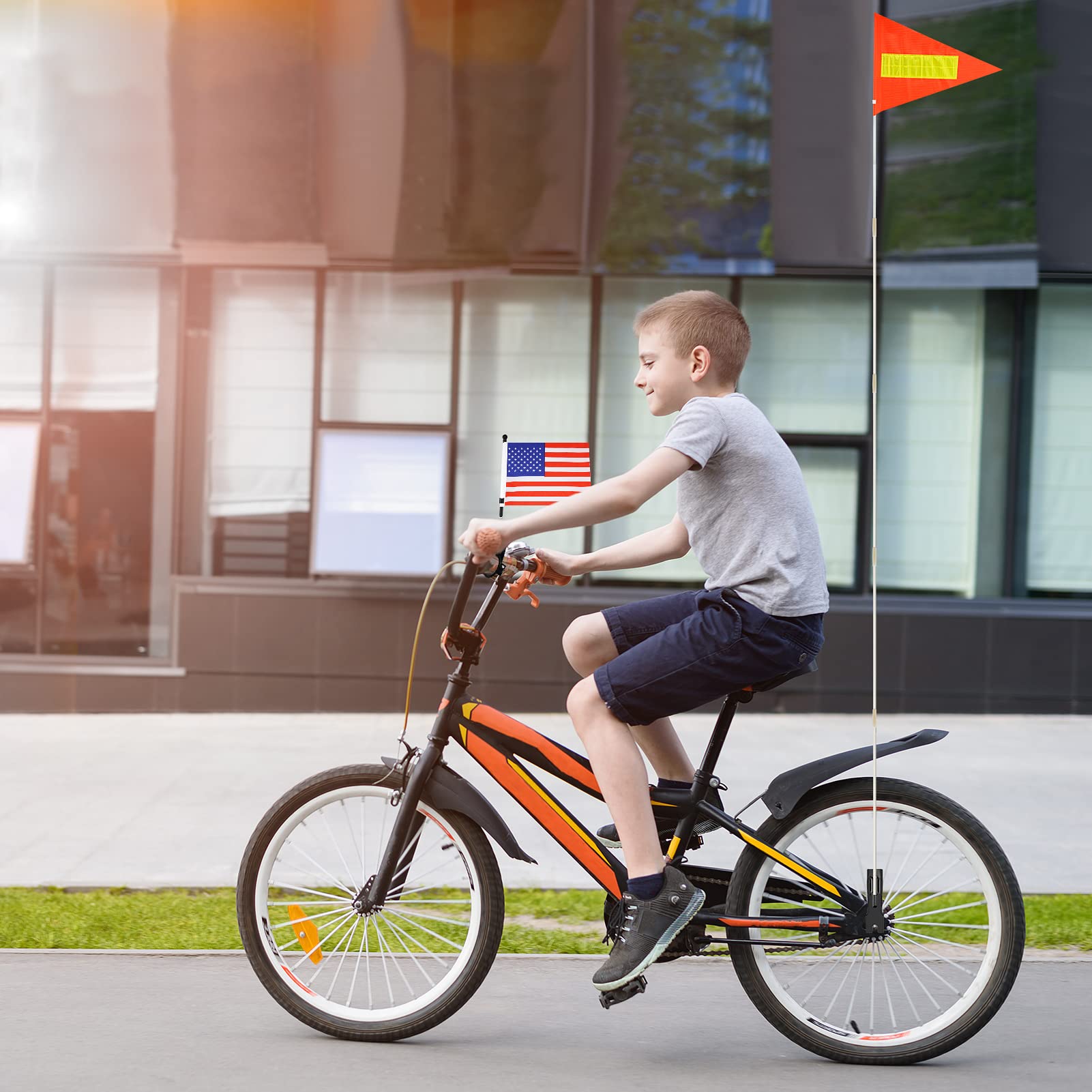 2 Pack Bike Safety Flags with Pole - Reflective Strap, Adjustable Height, Heavy Duty Fiberglass, Waterproof - Perfect for Cycling, Bicycle Commuting & Outdoor Adventures - USA Flag Design