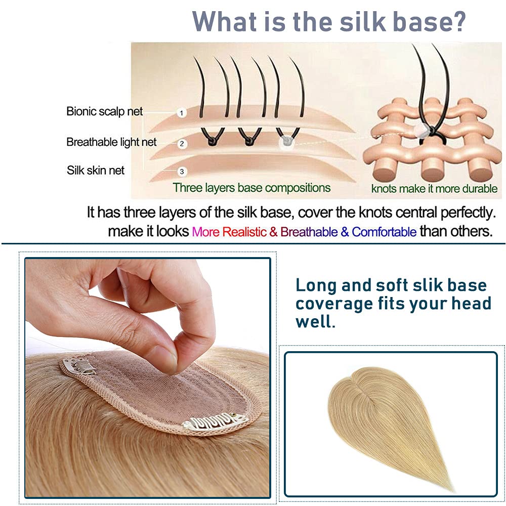 SEGO Silk Base Clip-in Hair Topper for Women - 100% Real Human Hair, No Bangs, 150% Density with 3 Clips - Perfect for Thinning Hair & Hair Loss Concealment - Great for Daily Wear, Special Occasions & Confidence Boost