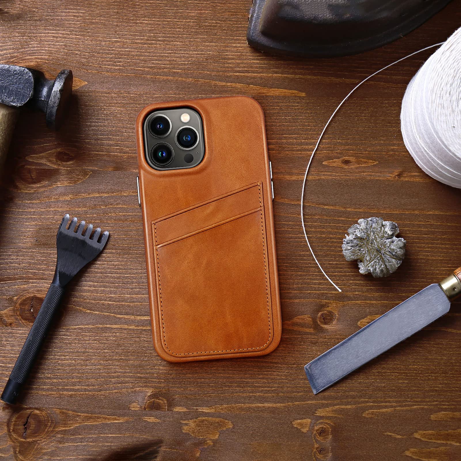 Premium Genuine Leather Wallet Case for iPhone 13 Pro (6.1 Inch) - Slim Card Holder with 2 Credit Card Slots - Brown Leather Phone Cover - Perfect for Everyday Use, Travel & Business Meetings