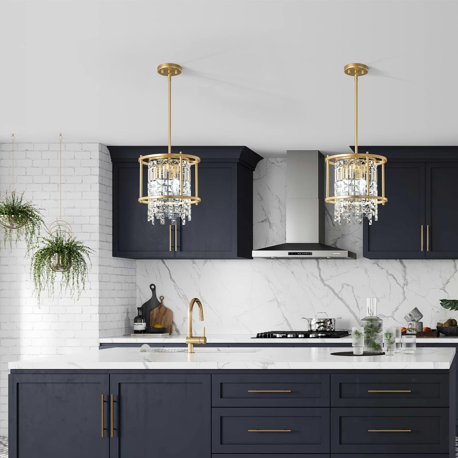 LMQNINE Modern Gold Crystal Pendant Light Fixture - 3-Light Semi Flush Mount Chandelier for Kitchen Island, Dining Room, Hallway, Entryway, Bedroom & Balcony | Elegant Lighting for Home Decor & Interior Design