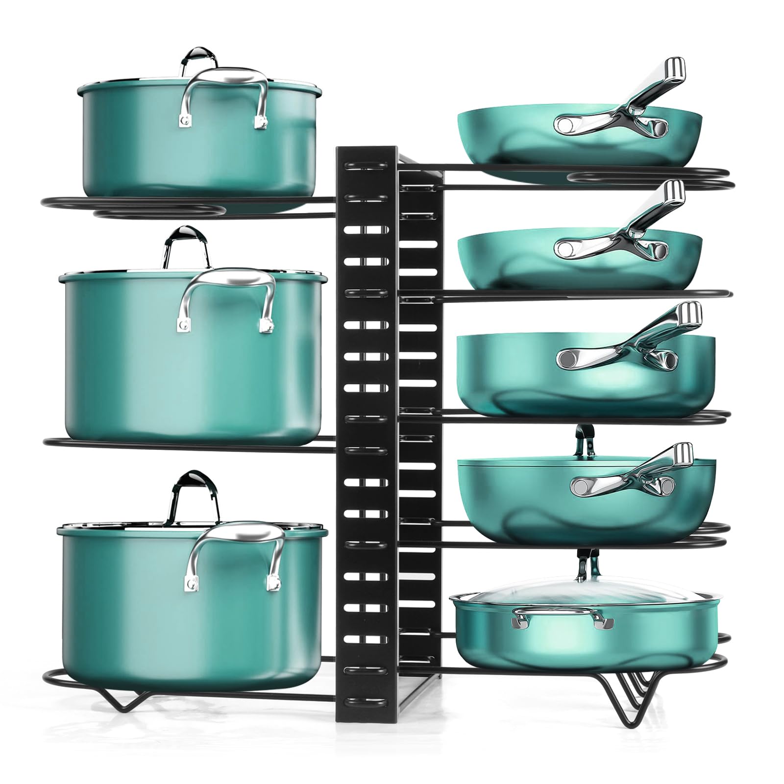 8-Tier Adjustable Kitchen Pot and Pan Organizer for Cabinet - Space-Saving Cookware Storage with 3 DIY Installation Methods & Lid Holders - Perfect for Small Kitchens, RVs, and Apartment Organization (Black)