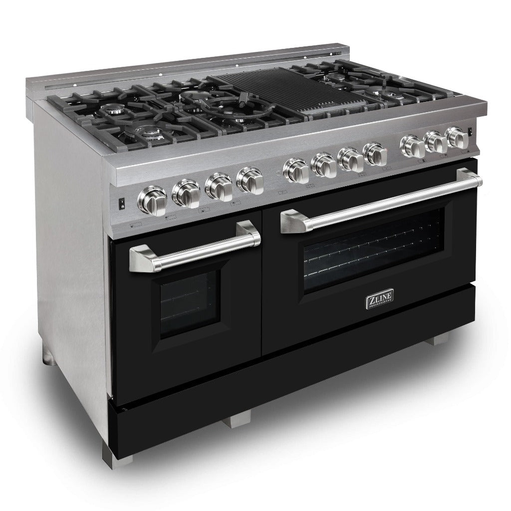 ZLINE 48-inch 6.0 cu. ft. Dual Fuel Range with 7-Burner Gas Cooktop & 2 Electric Ovens - Satin Stainless Steel & Black Matte Doors (RAS BLM 48) | Professional Kitchen Appliance for Home Chefs & Cooking Enthusiasts
