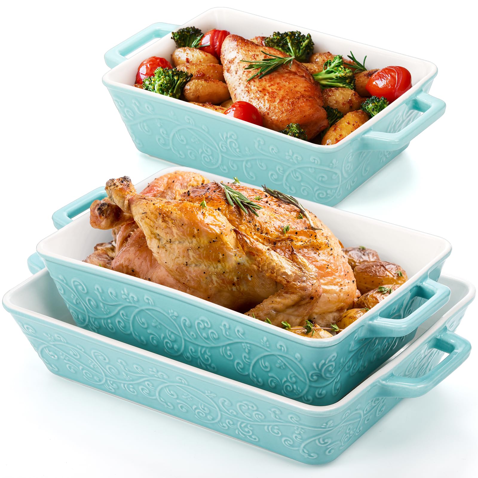 Okllen 3-Piece Ceramic Casserole Dish Set - Oven Safe Rectangular Baking Pans with Handles for Lasagna, Roasting, Broiling & Gratin | Perfect for Home Cooking, Dinner Parties & Wedding/Housewarming Gifts (Blue)