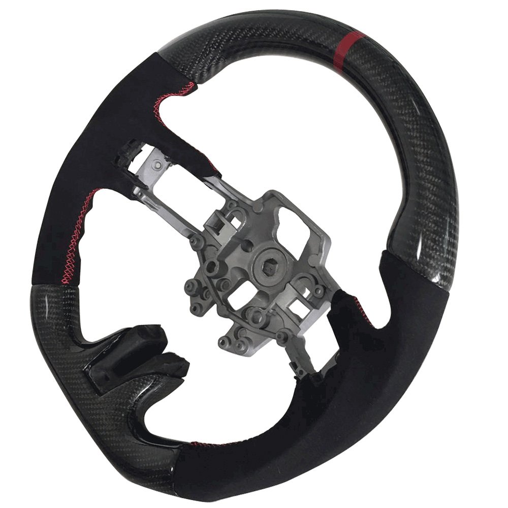 IKON MOTORSPORTS V3 Style Carbon Fiber Steering Wheel with Red Synthetic Suede Ring - Compatible with 2015-2017 Ford Mustang | Perfect for Racing, Drifting & Performance Driving