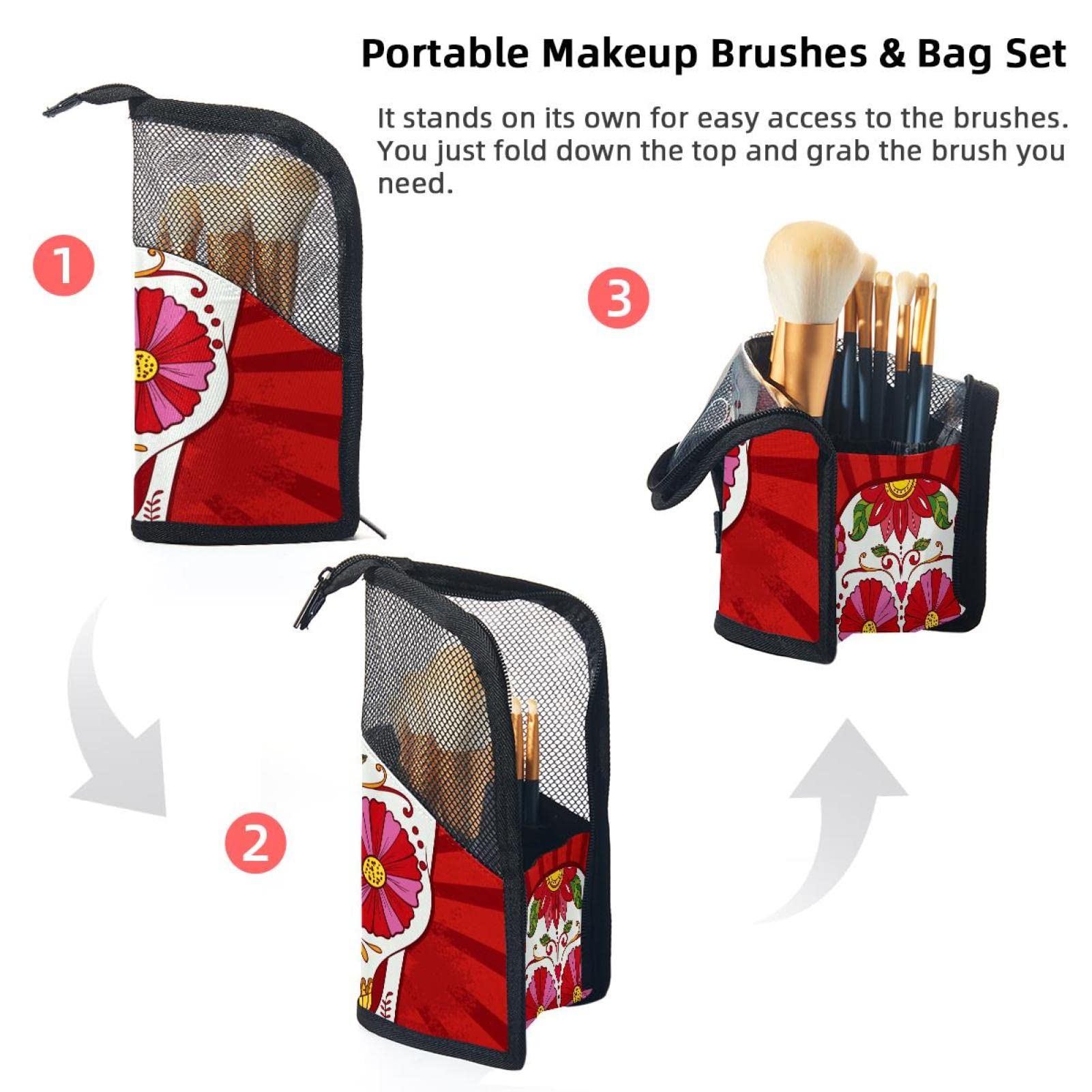 Portable Makeup Brush Organizer Bag with 12 Slots - Sugar Skull Red Design Travel Cosmetic Brush Holder Case - Perfect for Makeup Artists & Travel | Home Vanity & Professional Kit Organization