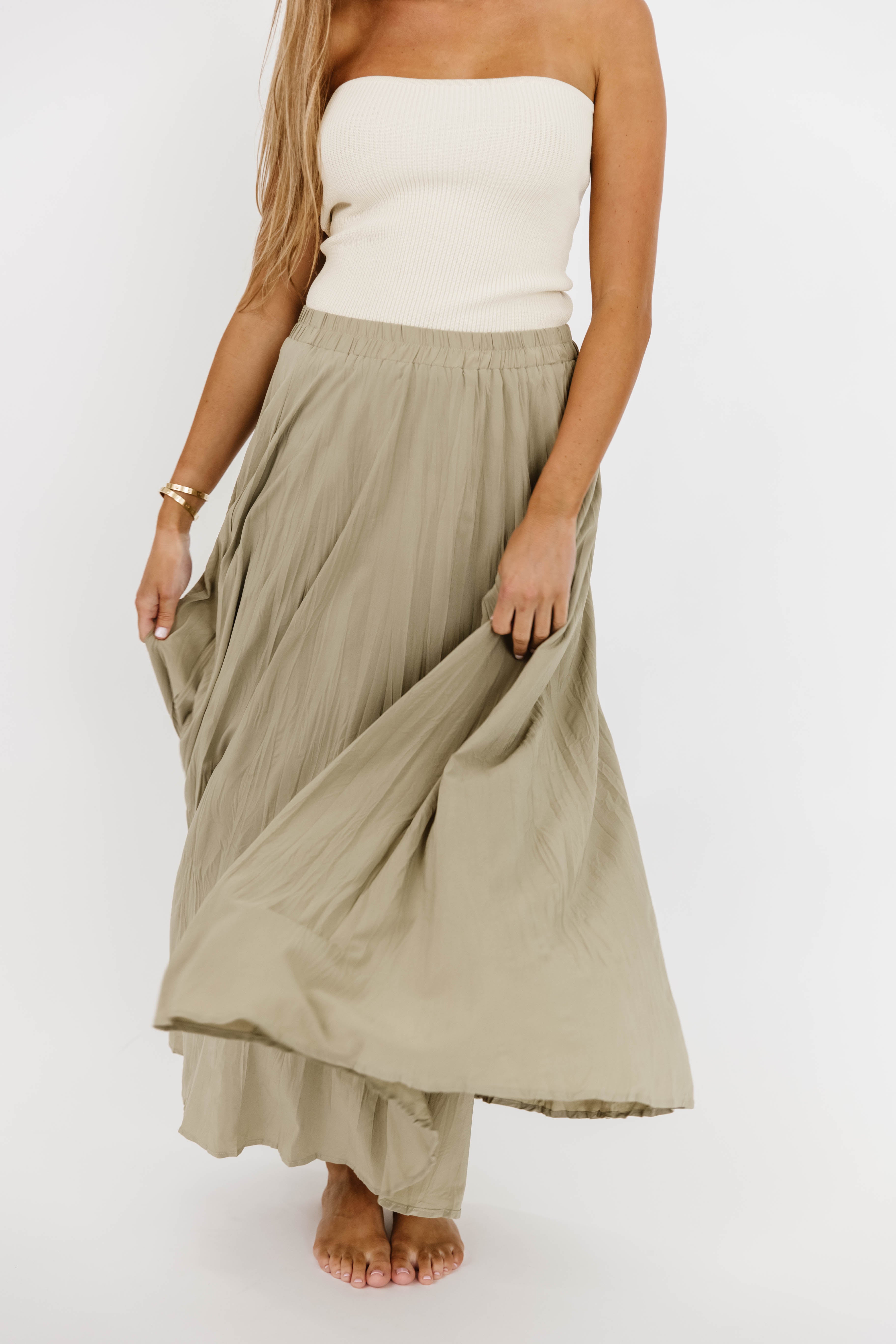 Apolline Crinkle Maxi Skirt in Sage Green | Flowy Boho Long Skirt for Women | Perfect for Beach, Vacation & Summer Outfits
