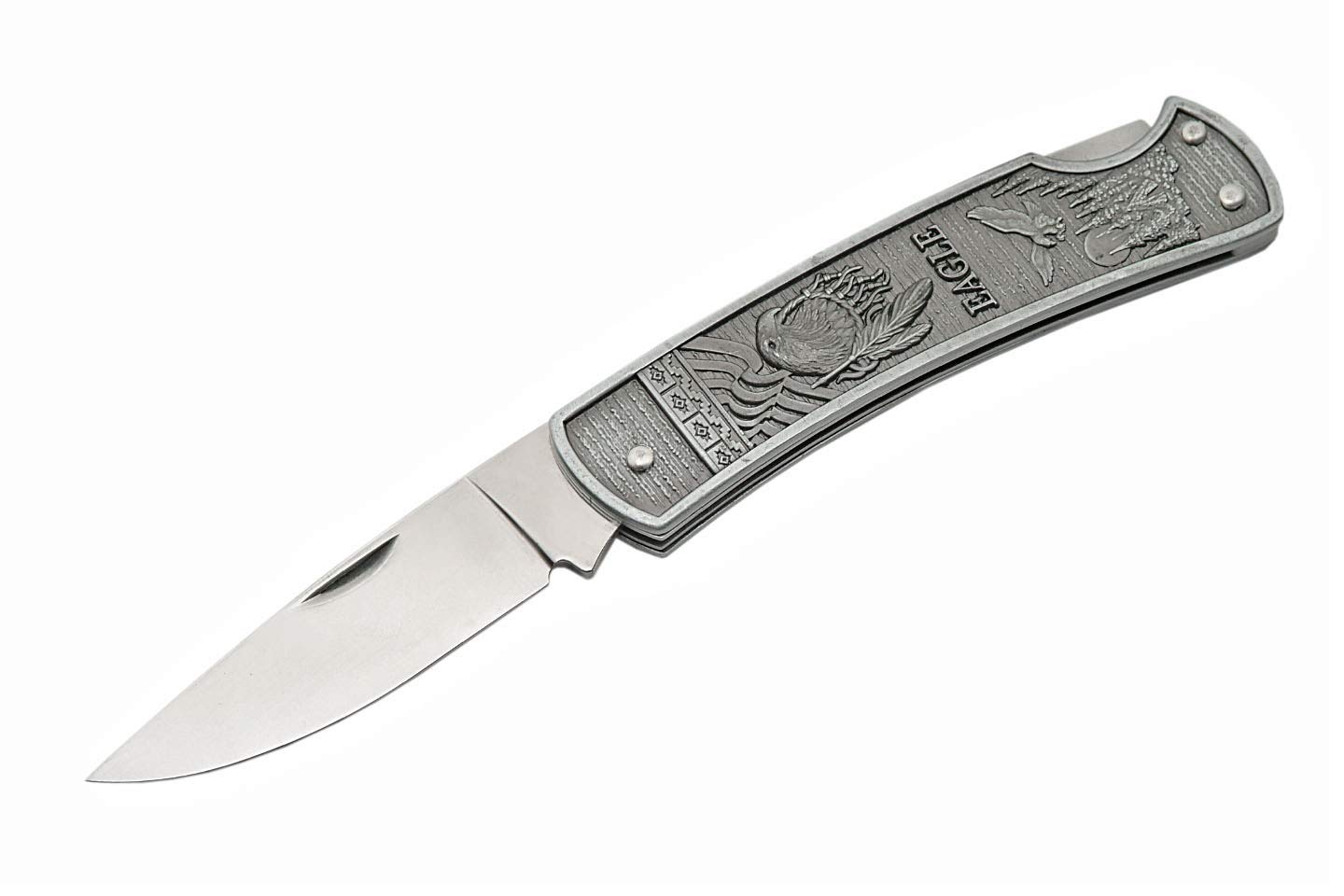 Szco Supplies 211181-EG Eagle Embossed Folding Knife - Stainless Steel Tactical Pocket Knife with Wood Handle for Camping, Hiking & Outdoor Survival