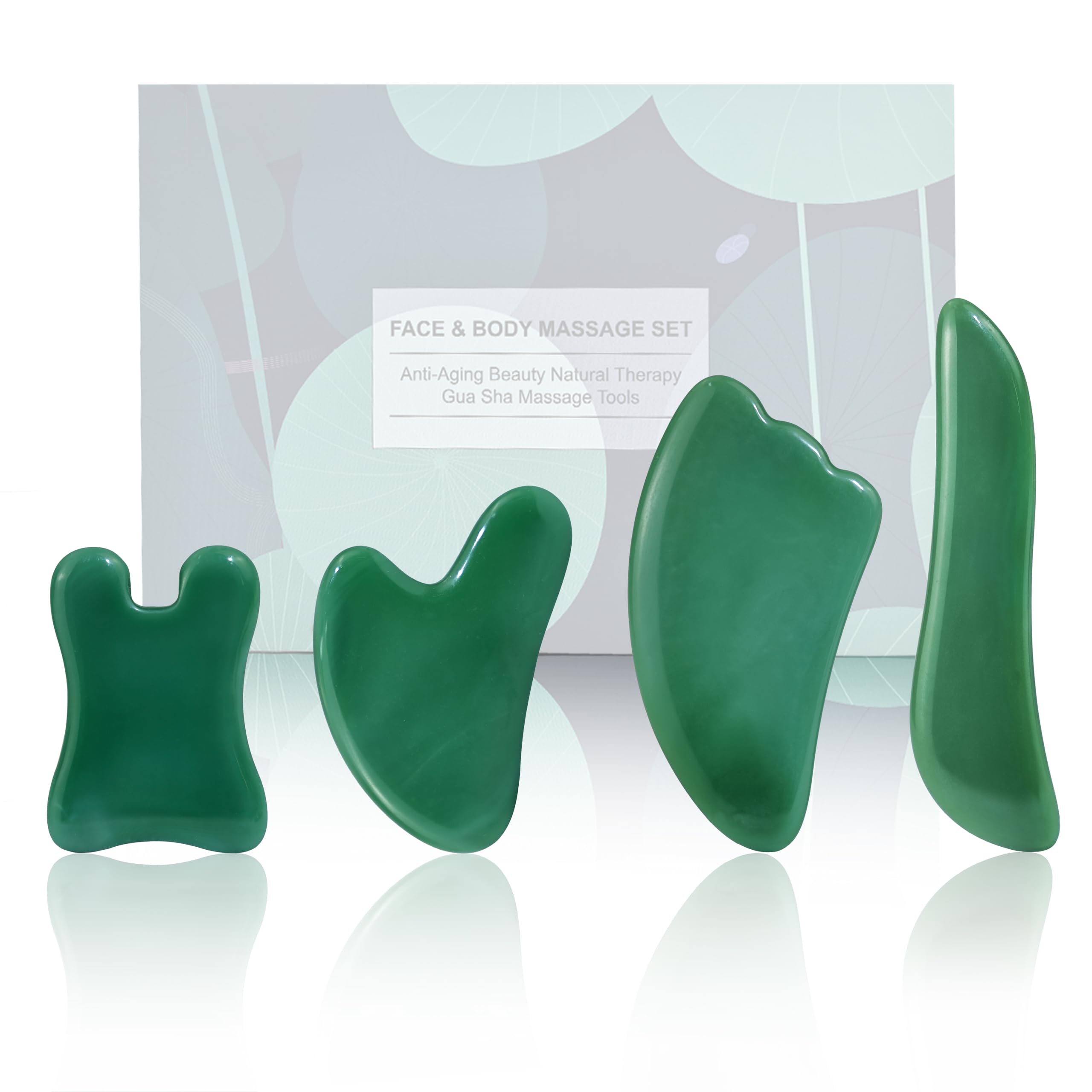 Rena Chris 4 Pcs Gua Sha Facial Massage Tool Set - Green Jade Stone Scraping Board for SPA, Acupuncture Therapy & Trigger Point Relief - Perfect for Facial Rejuvenation, Neck Massage & Body Relaxation at Home