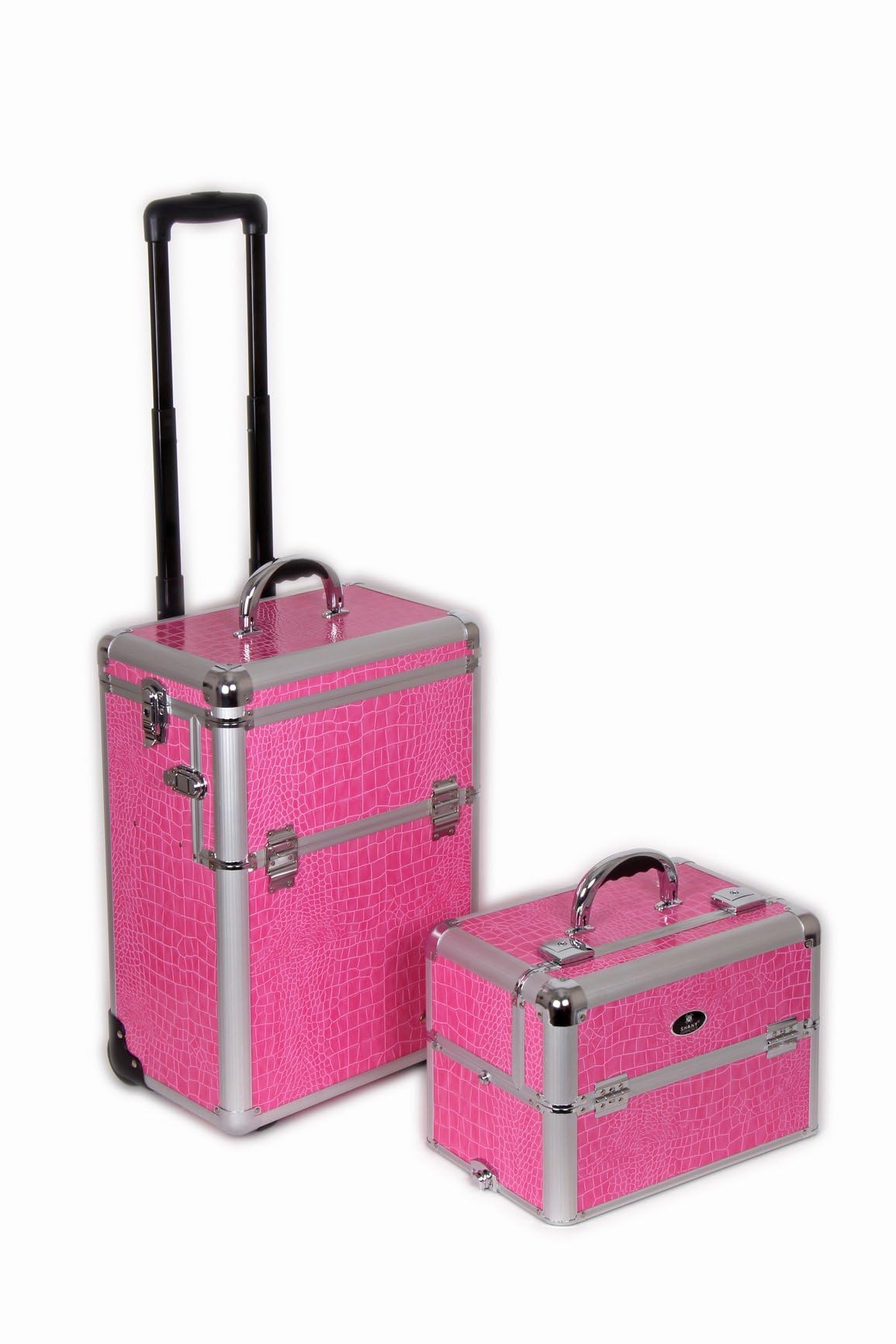 SHANY Pink Snake Skin Rolling Makeup Case with Wide Trays - Premium Cosmetic Organizer for Professional Makeup Artists & Travel (12 lbs) - Perfect for Salon, Bridal, and On-the-Go Beauty Needs