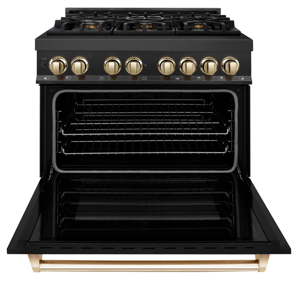 ZLINE RABZ 36 G 36-Inch Dual Fuel Range - 4.6 cu. ft. Black Stainless Steel with Gold Accents - 6 Burner Gas Cooktop & Electric Convection Oven - Professional Kitchen Appliance for Home Chefs & Cooking Enthusiasts