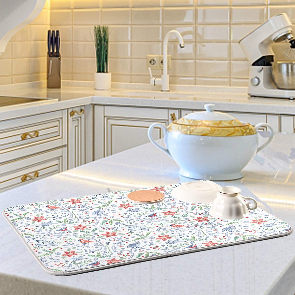 Reversible Microfiber Dish Drainer Mat 16x18in - Floral Birds Kitchen Drying Mat for Sinks & Countertops