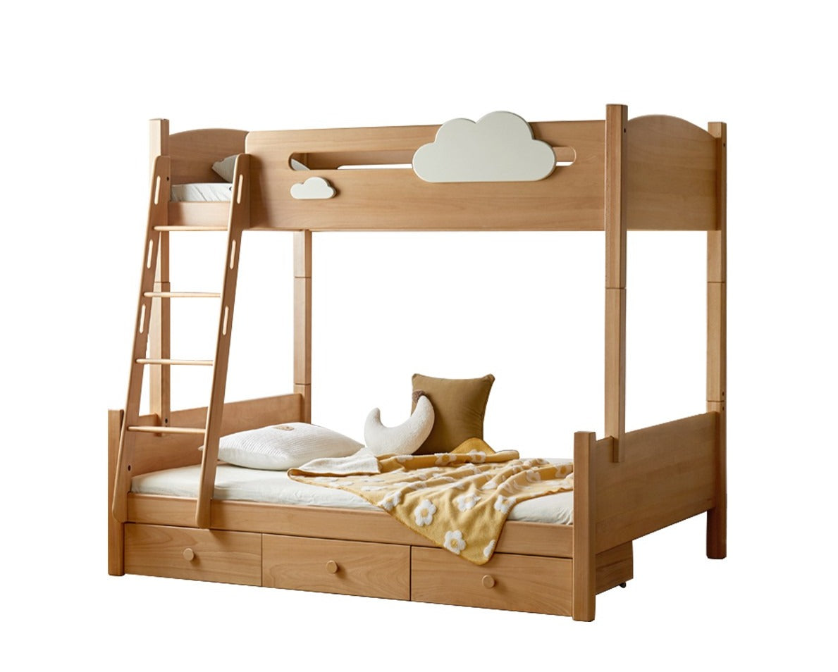 Solid Oak Wood Multi-Functional Bunk Bed with Ladder & Guardrails - Space-Saving Kids Bedroom Furniture for Siblings or Sleepovers