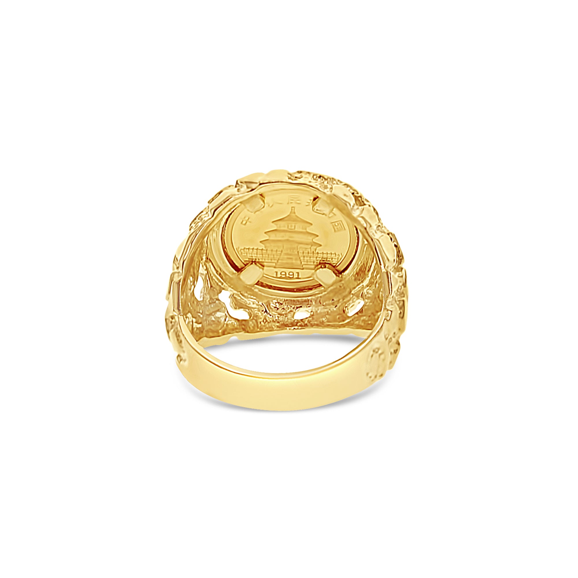1991 Panda Coin 1/20oz Fine Gold Ring with 14K Yellow Gold Nugget Band - Perfect for Collectors, Gifts & Special Occasions