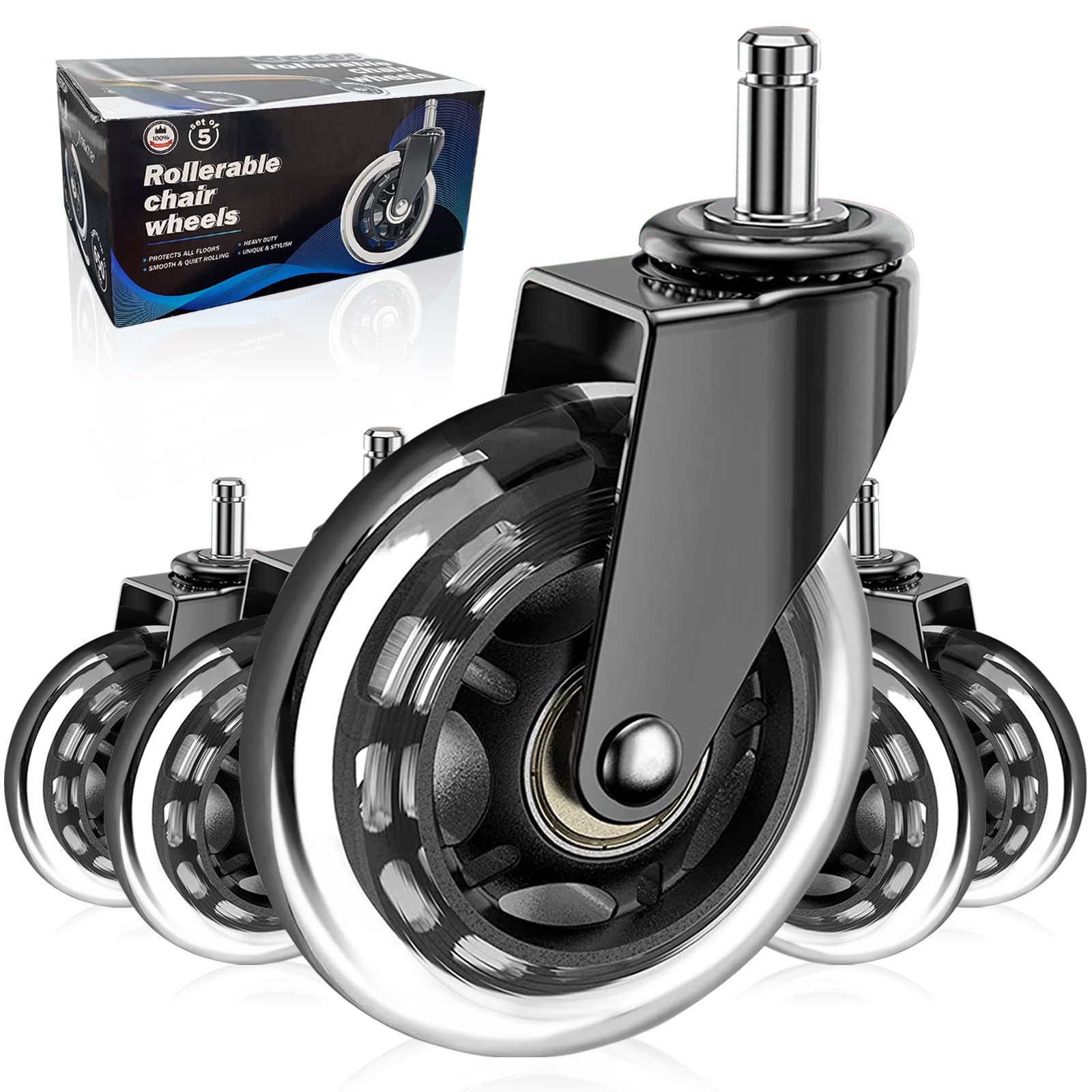 Huracan Office Chair Wheels - Set of 5 Heavy Duty Rubber Casters for Hardwood Floors | Replacement Computer Desk Chair Wheels (Not Compatible with IKEA) | Perfect for Home Office, Gaming Chairs & Conference Rooms