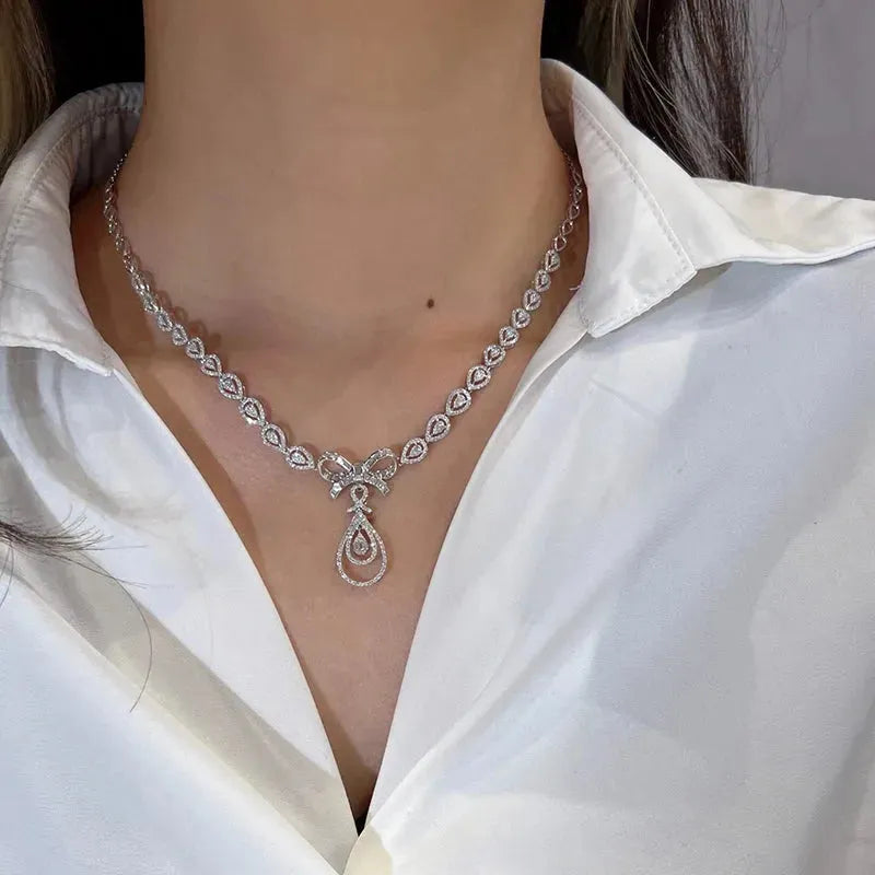 18K White Gold Real Diamond Bowknot Necklace - 2.3ct Luxury Pendant for Women, Elegant Party Jewelry Gift | Perfect for Anniversaries, Weddings & Special Occasions