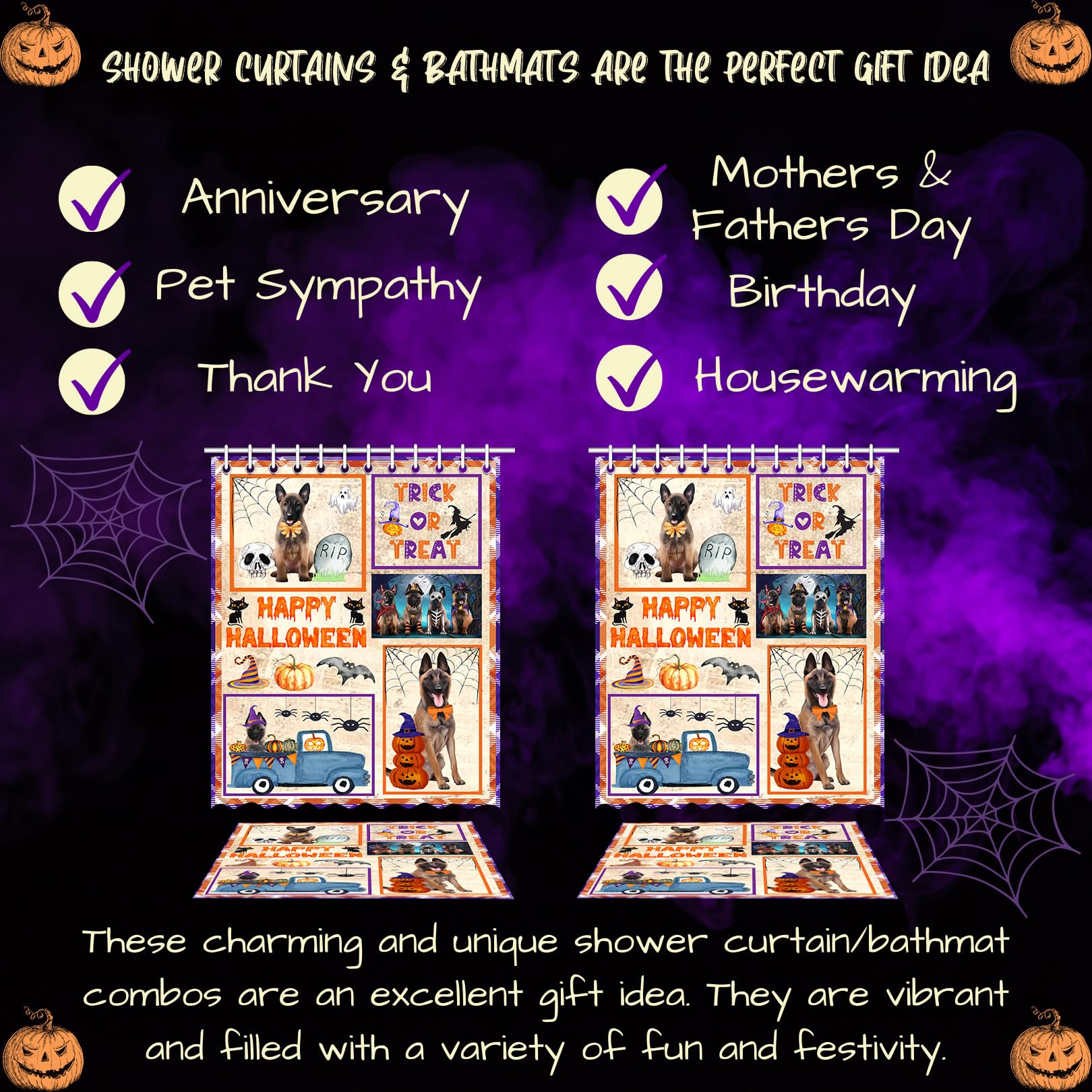 Halloween Trick or Treat Belgian Malinois Dog Bath Mat & Shower Curtain Set - Non-Slip Bathroom Decor, Plush Rug & Polyester Bathtub Curtain with Hooks (Mat 20