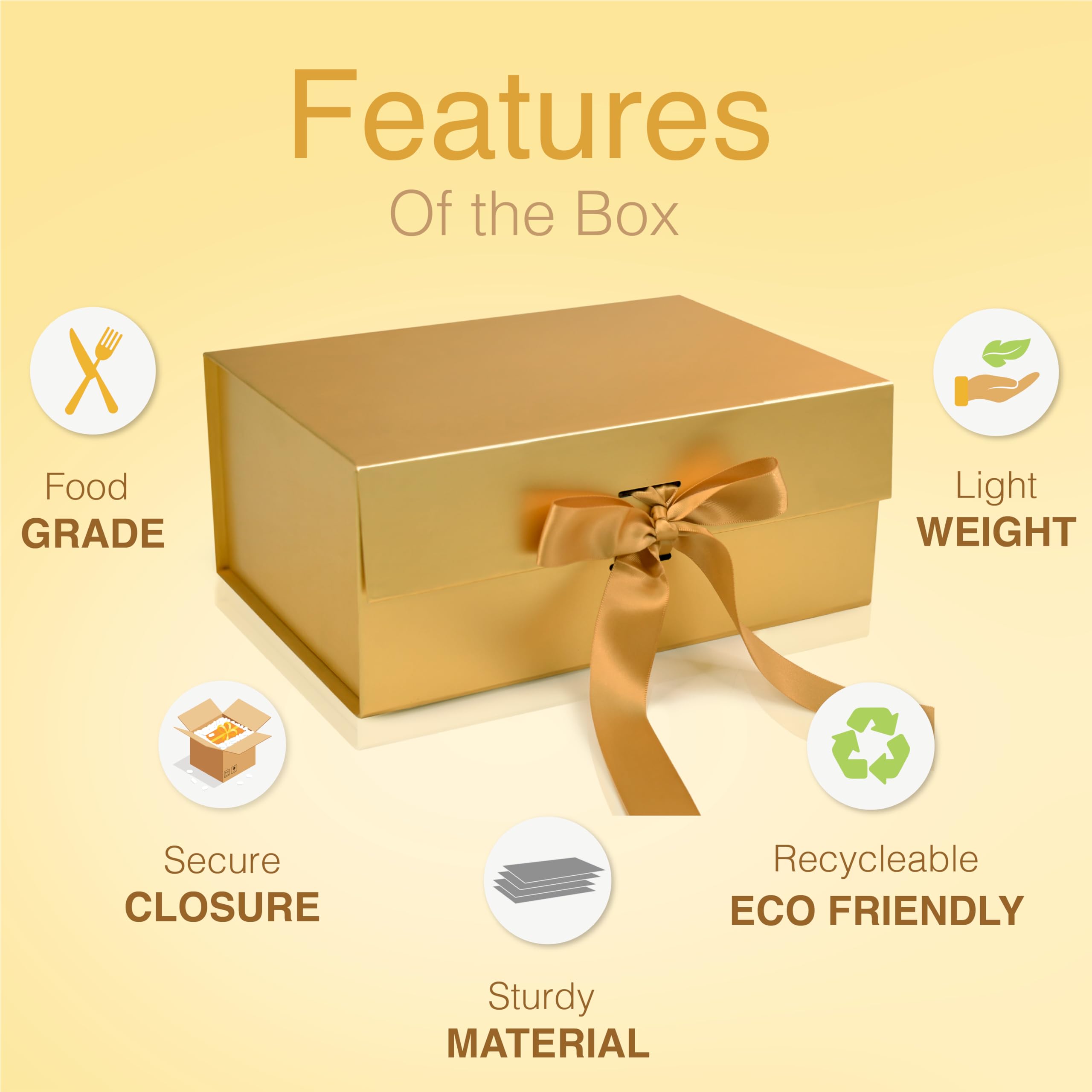 Elegant Gold Gift Box with Ribbon - 23x16x10cm Empty Gift Packaging Box (1 Pack) - Holds up to 5kg for Presents, Wedding Favors, Birthday Gifts & Holiday Decorations - Reusable Decorative Hamper Box for Luxury Gift Wrapping