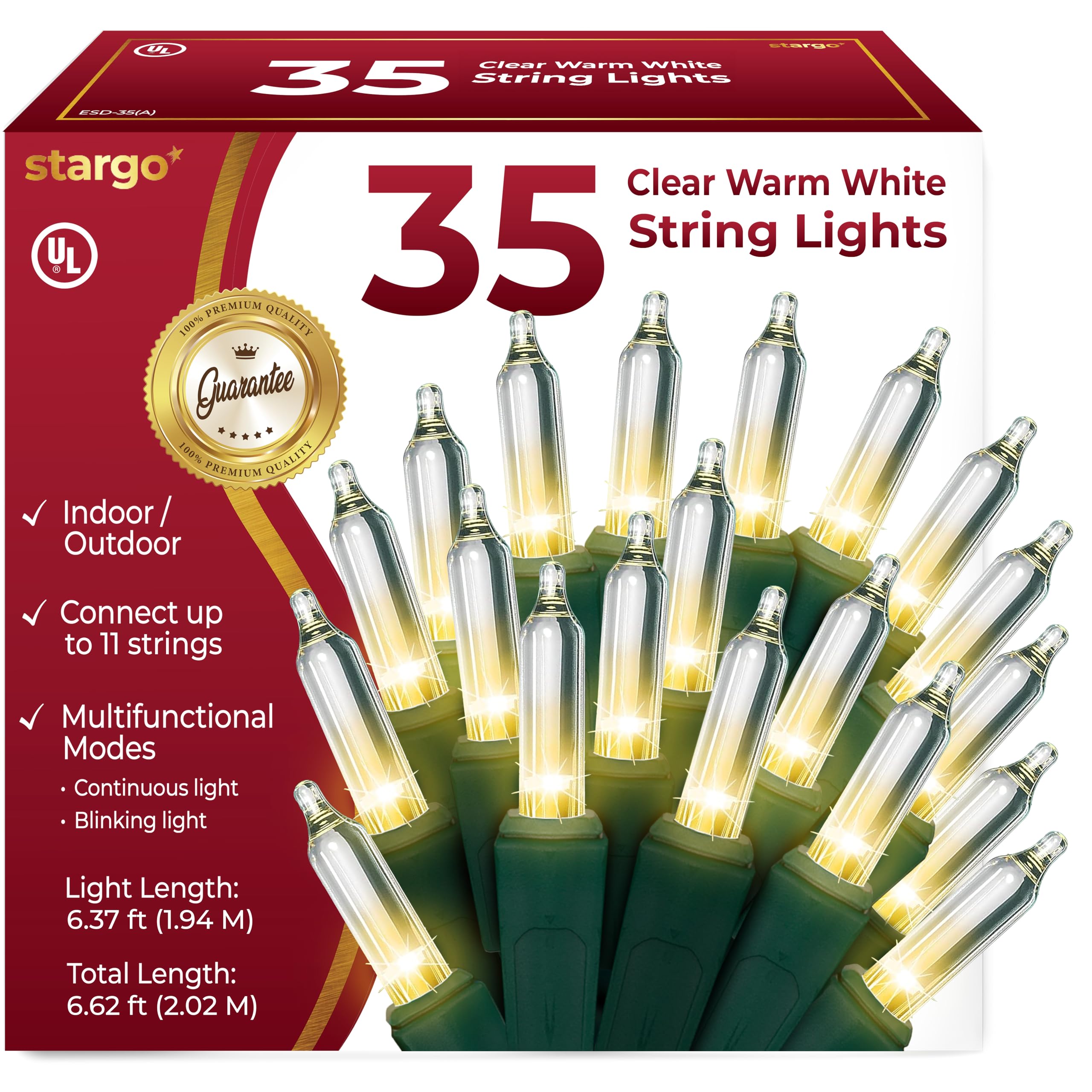 35 LED Warm White Christmas Lights - 6.6 ft Green Wire String with 8 Lighting Modes for Indoor Outdoor Holiday Decorations, Christmas Tree, Bedroom, Party, Garden, Patio and Home Decoration