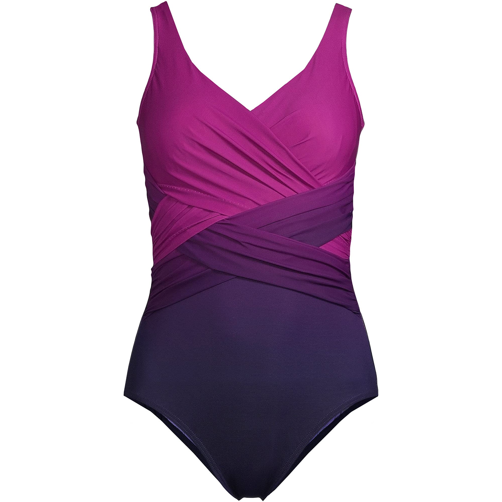 Lands' End Women's Tummy Control One Piece Swimsuit - Chlorine Resistant V-Neck Wrap Bathing Suit for Swimming, Beach & Vacation