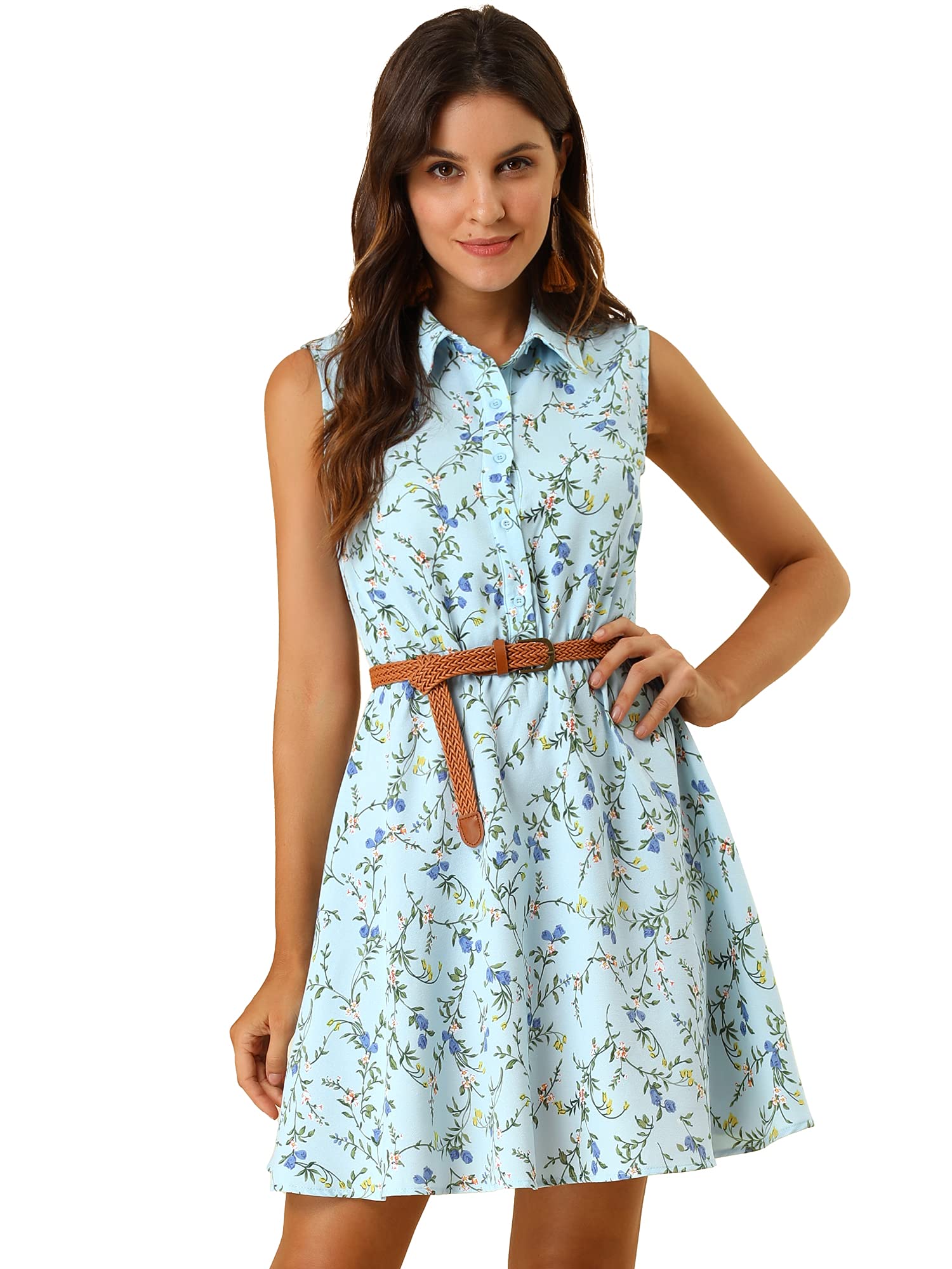 Allegra K Women's Floral Summer Dress - Sleeveless A-Line Mini Dress with Half Placket & Belt, Perfect for Beach Vacations, Garden Parties & Casual Outings
