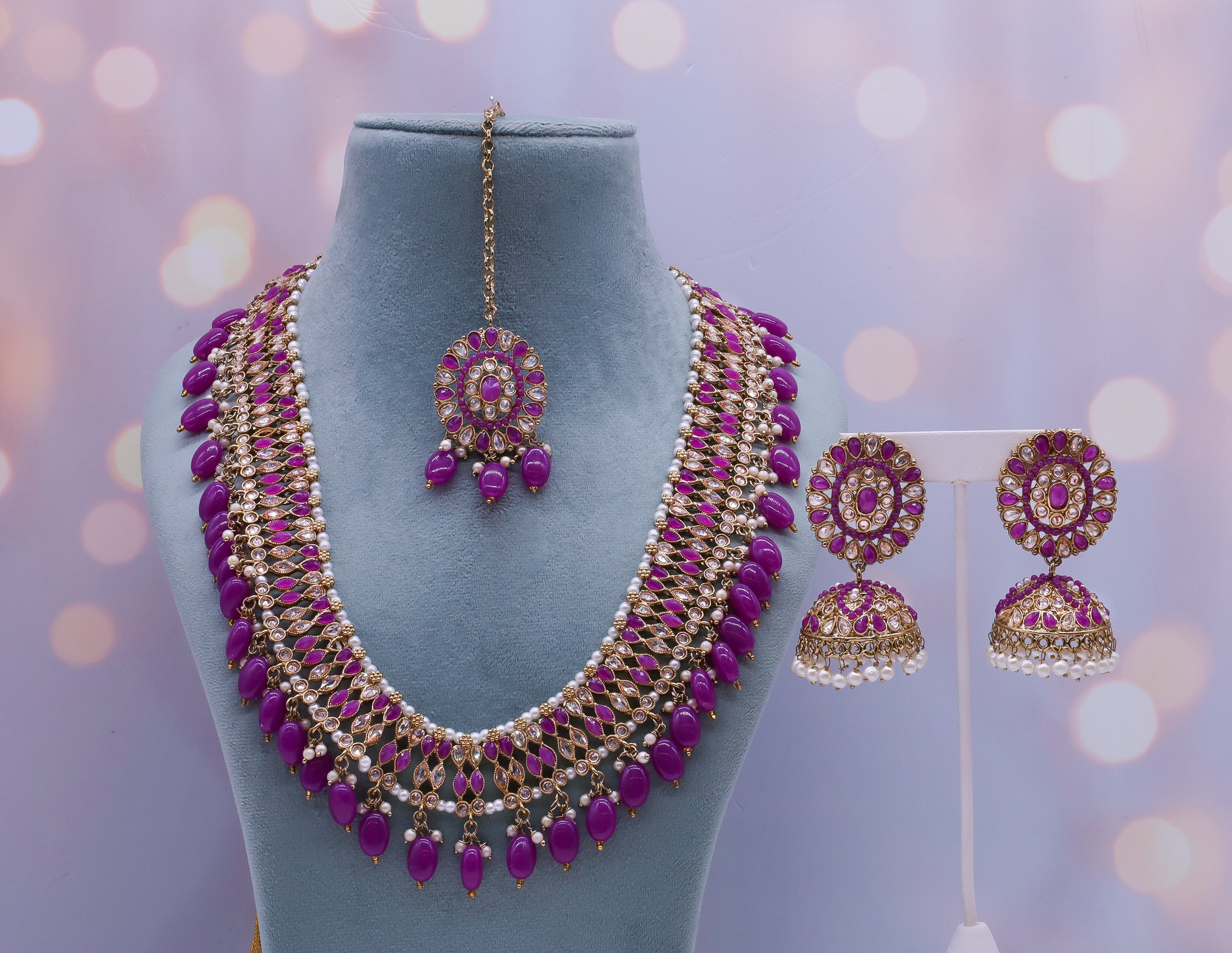 Stylish Aliya Glass Polki Stone Jewelry Set with Tikka - Perfect for Weddings, Parties & Festive Occasions