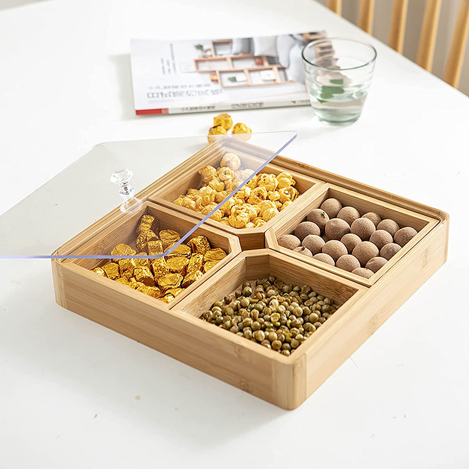 WUWEOT Bamboo Serving Tray with Acrylic Lid & Removable Dividers - Perfect for Nuts, Candy, Veggies, Appetizers, Taco Dips & Chips - Ideal for Parties, Entertaining & Home Use