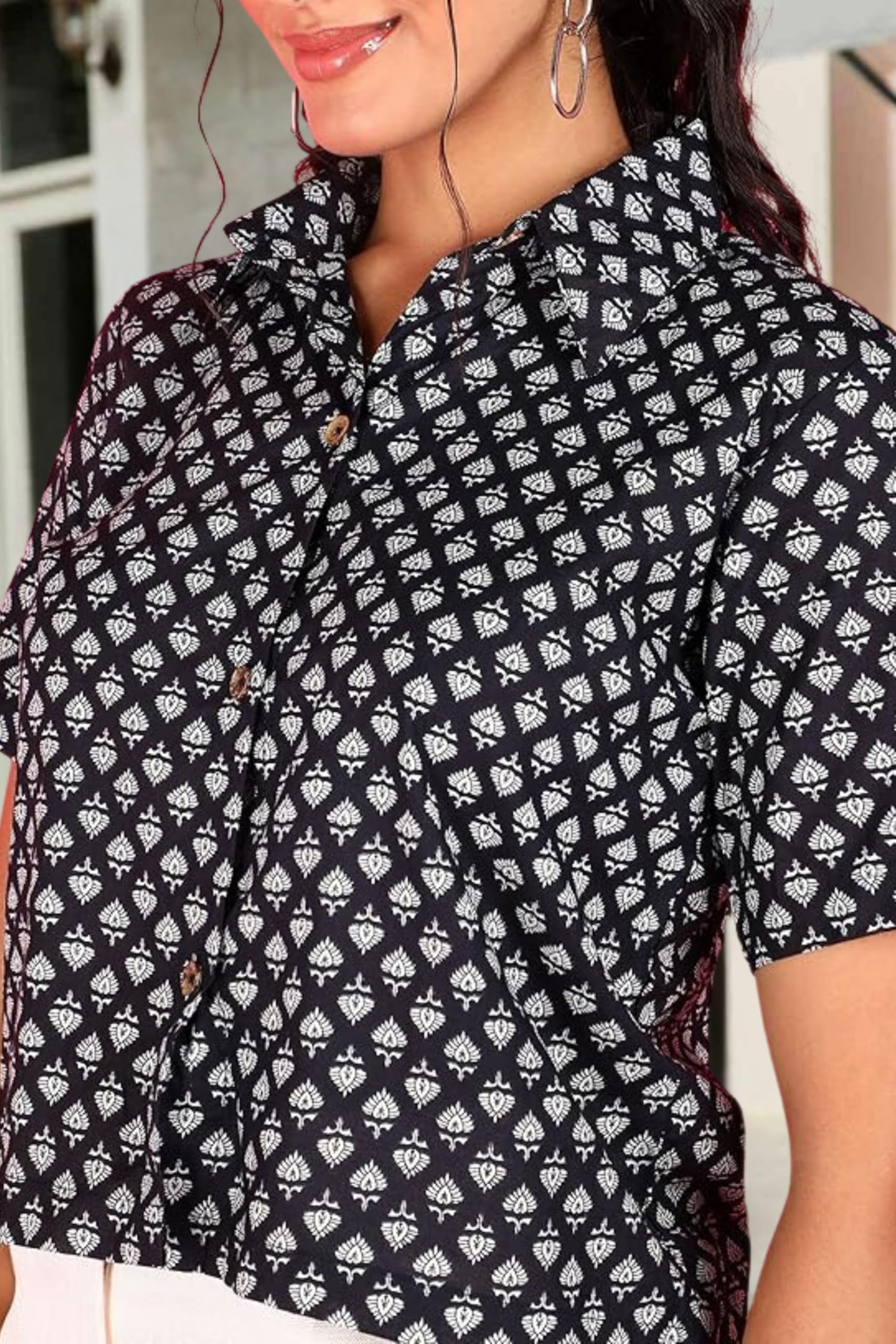 Women's Ethnic Printed Cotton Crop Shirt - Stylish Casual Wear for Summer Outings