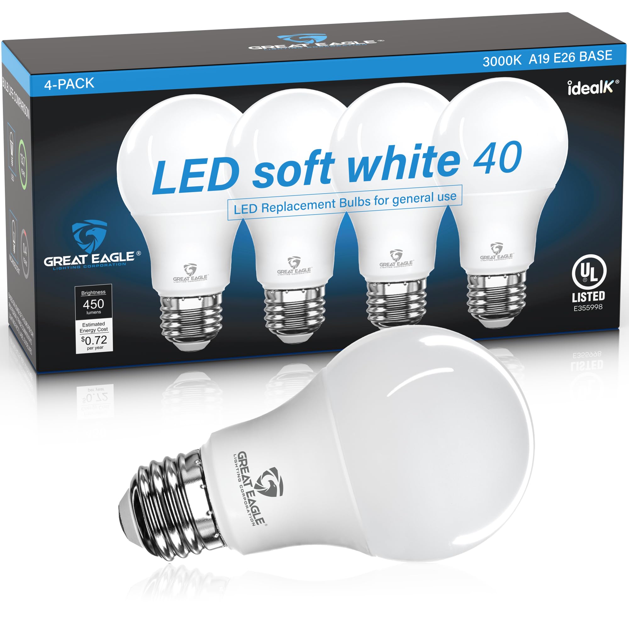 Great Eagle A19 LED Light Bulbs 40W Equivalent (4 Pack) - UL Listed 3000K Soft White Non-Dimmable Light Bulbs - Energy Efficient Standard Replacement for Home, Office & Bedroom Lighting