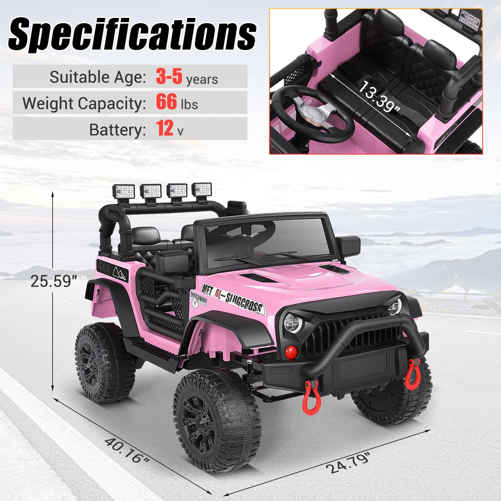 Hikole 12V Kids Electric Ride-On Jeep with Remote Control, Bluetooth, Music & 3 Speeds - Pink Battery-Powered Toy Car for Girls with Suspension Wheels | Perfect for Outdoor Play, Birthday Gifts & Toddler Pretend Driving Fun