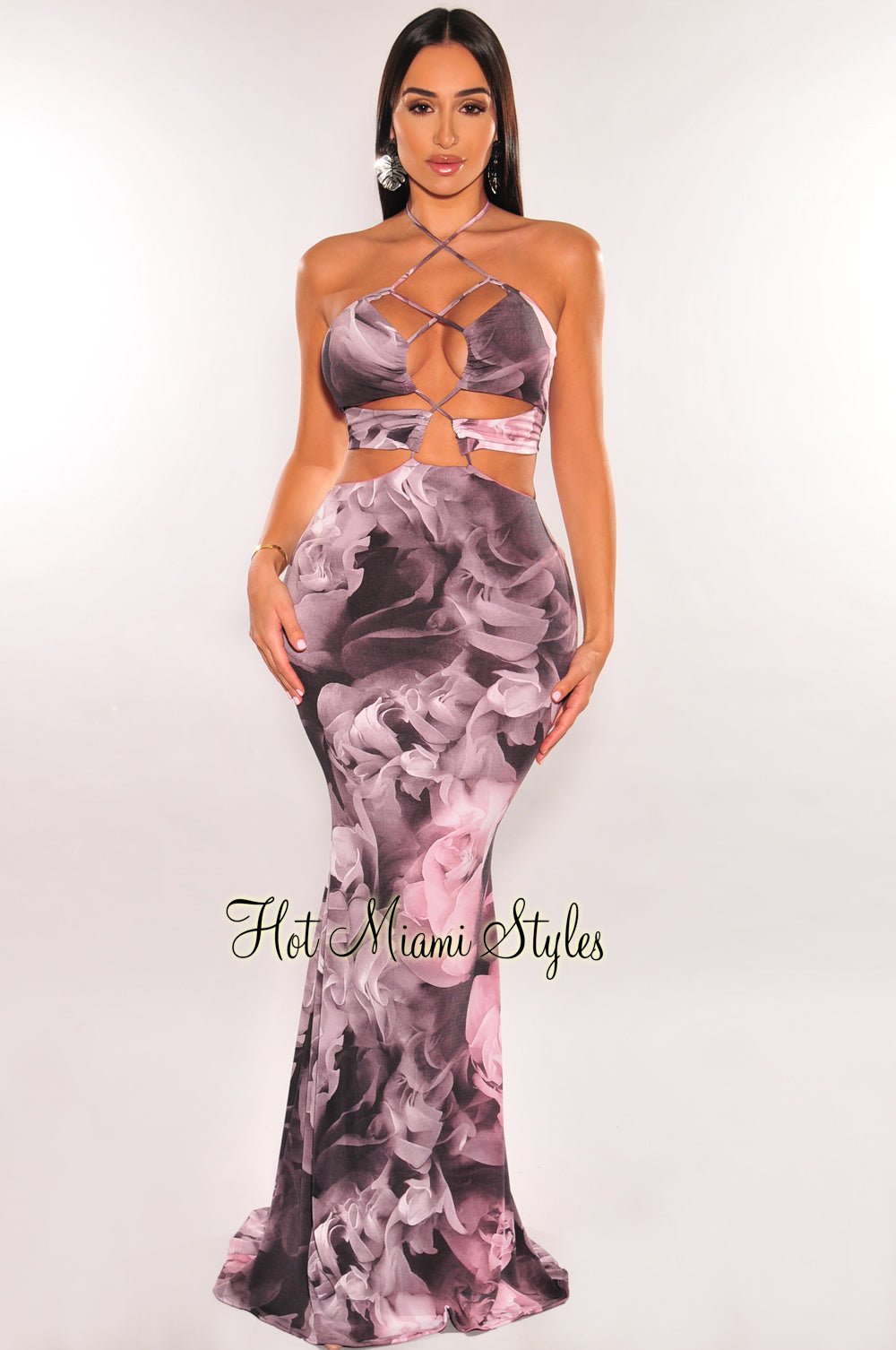 Deep Purple Floral Print Halter Neck Lace-Up Cutout Maxi Dress for Women - Boho Chic Summer Beach Party & Wedding Guest Outfit