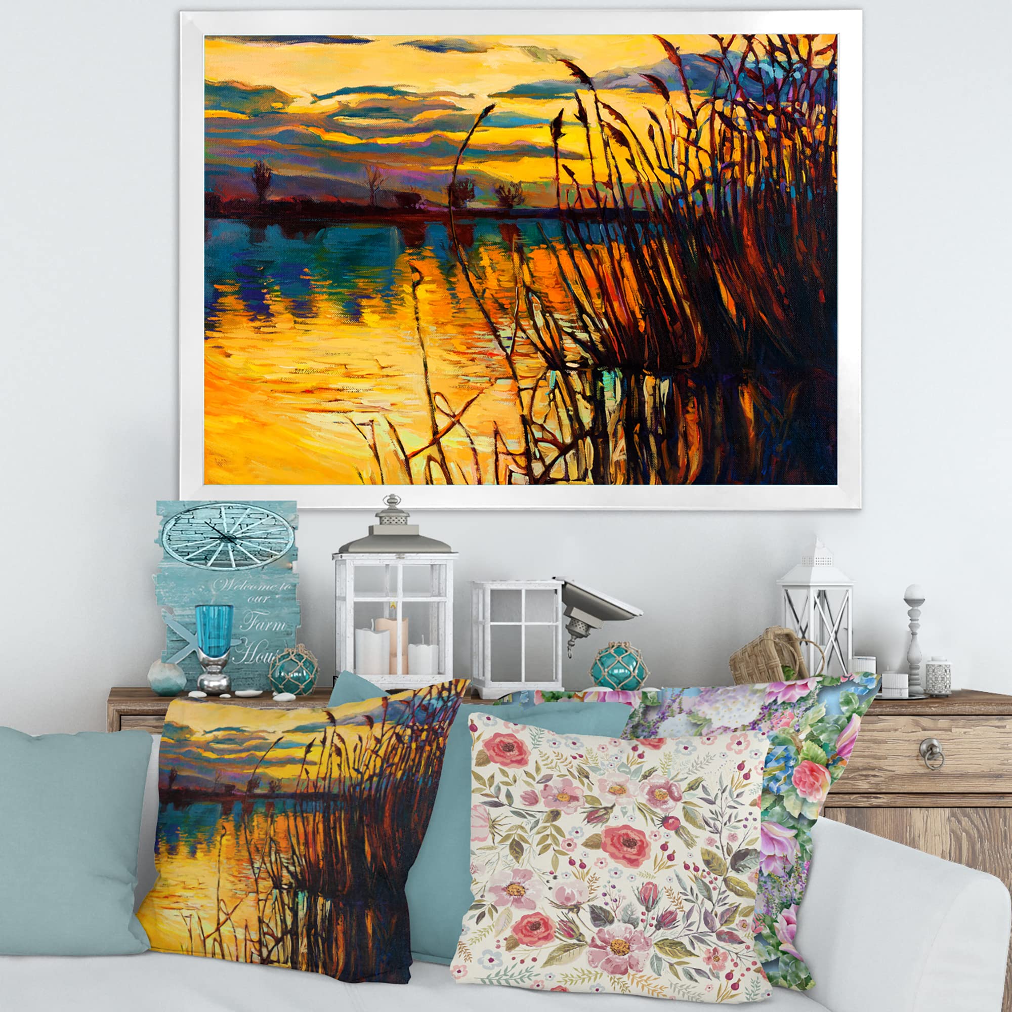 Yellow Sunset Through The High Grass By The Lake - Coastal Framed Wall Art Decor for Living Room, Bedroom & Office - Nautical Landscape Painting for Home & Office Decor