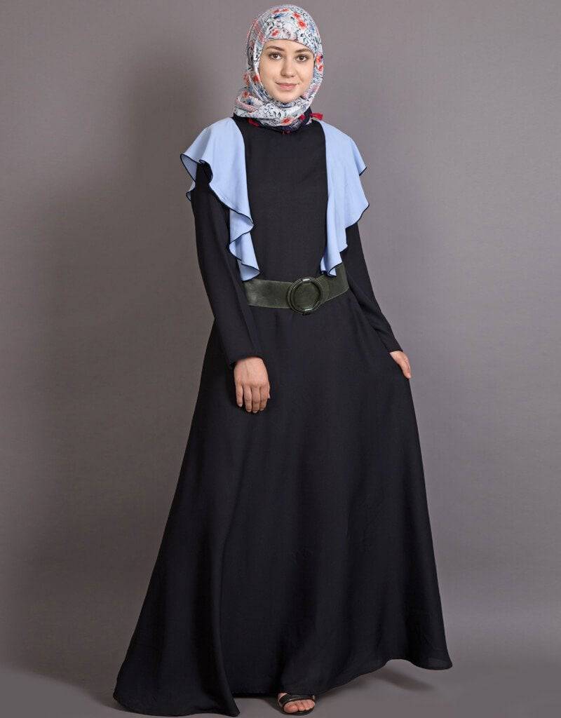 Stylish Arabic Frill Abaya for Women - Casual Daily Wear Sky Blue & Black - Perfect for College, Work, and Special Occasions