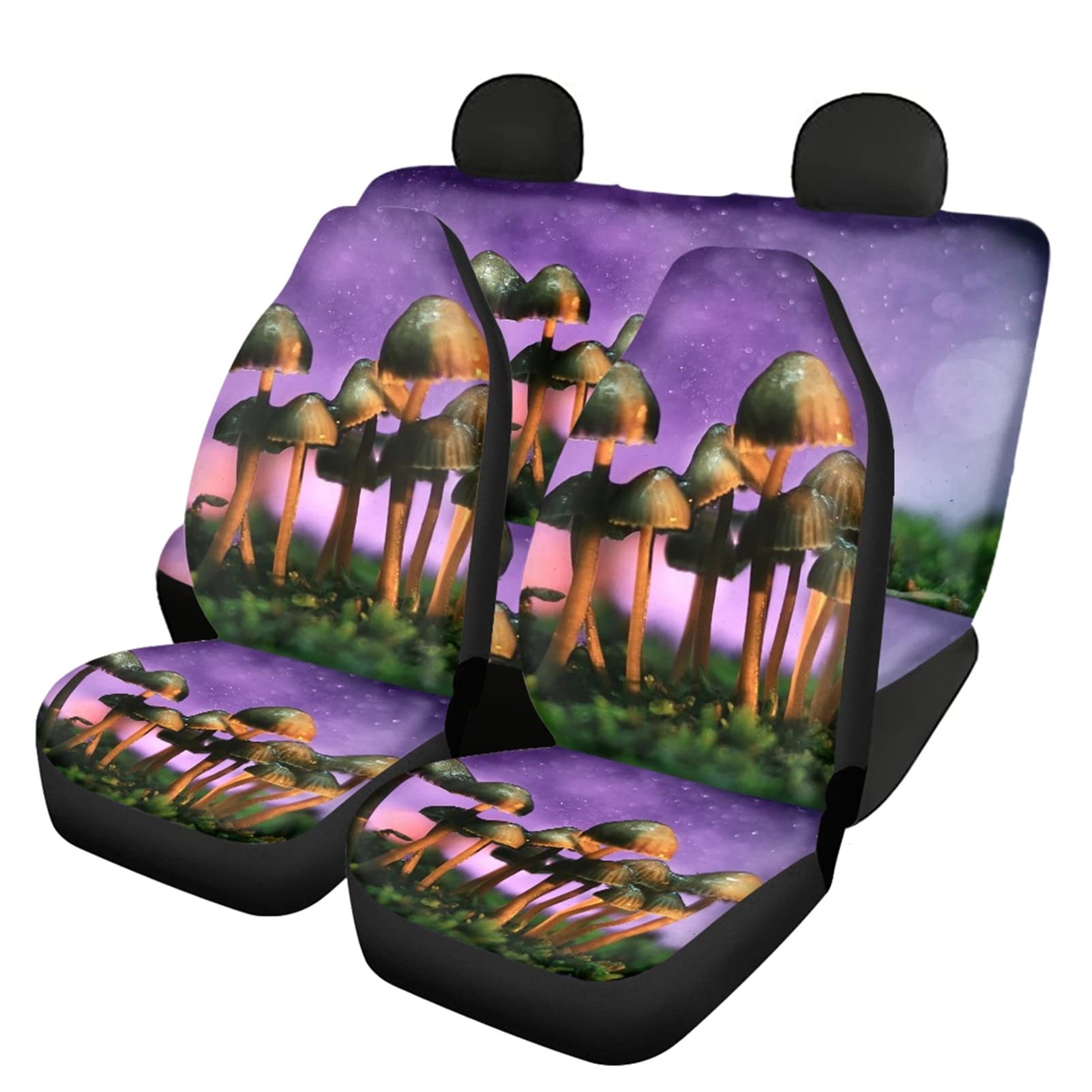 POCEACLES 4-Pack Purple Mushroom Printed Universal Car Seat Covers - Durable Front & Rear Bucket Seat Protectors for Cars, SUVs & Trucks | Waterproof & Non-Slip Auto Accessories for Pets, Kids & Daily Commute