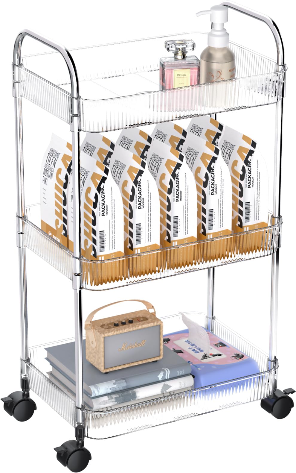 3 Tier Rolling Cart with Wheels - Sturdy Utility Trolley with Handle, Clear Acrylic Mobile Storage Organizer for Kitchen, Bathroom, Office, Nursery | Perfect for Laundry, Books, Snacks, Crafts & Home Organization (Space-Saving Solution)