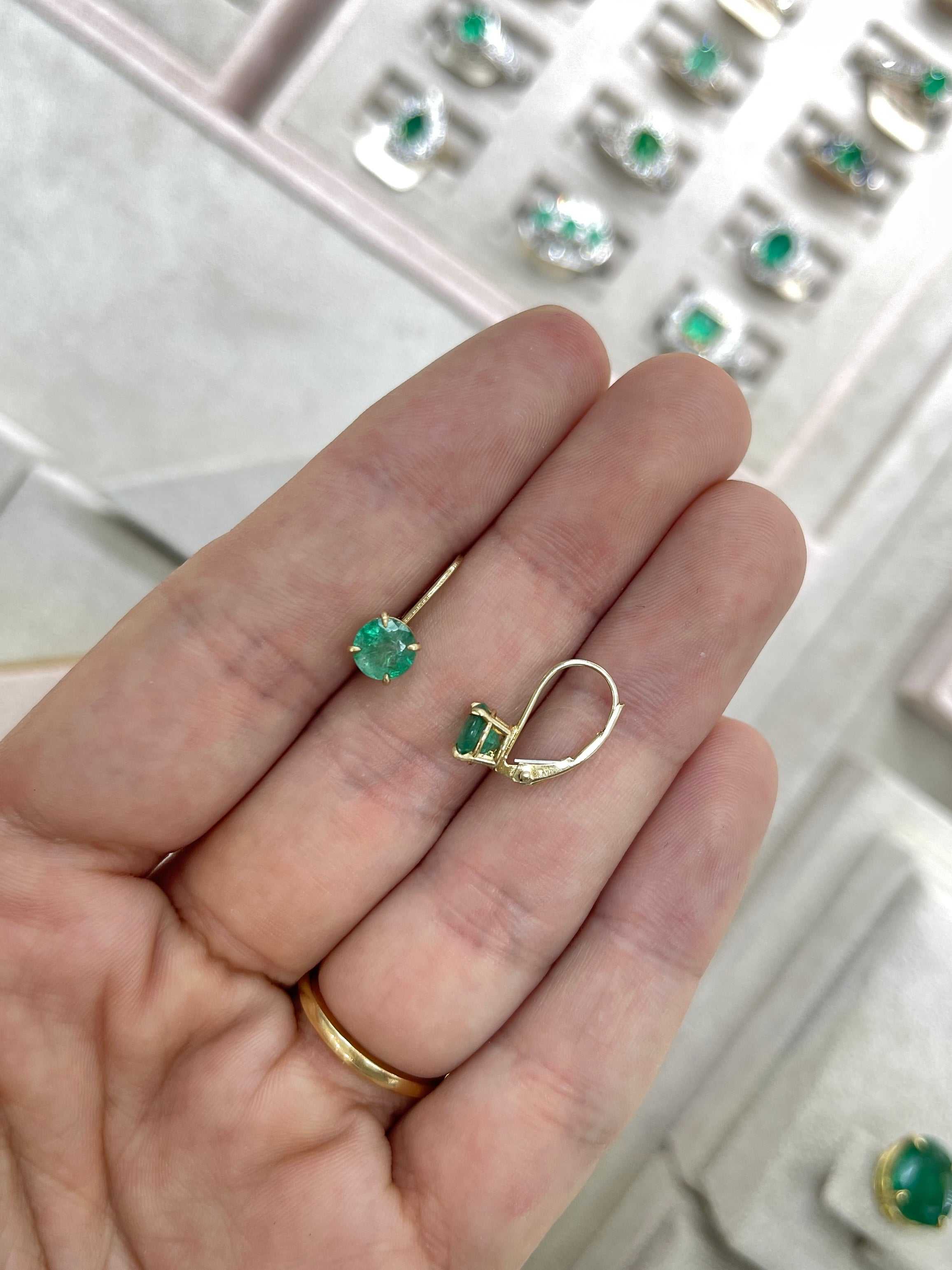 1.50tcw Round Emerald Lever Back Earrings 14K Gold - Elegant Dangle Earrings for Women, Perfect for Weddings, Parties & Special Occasions