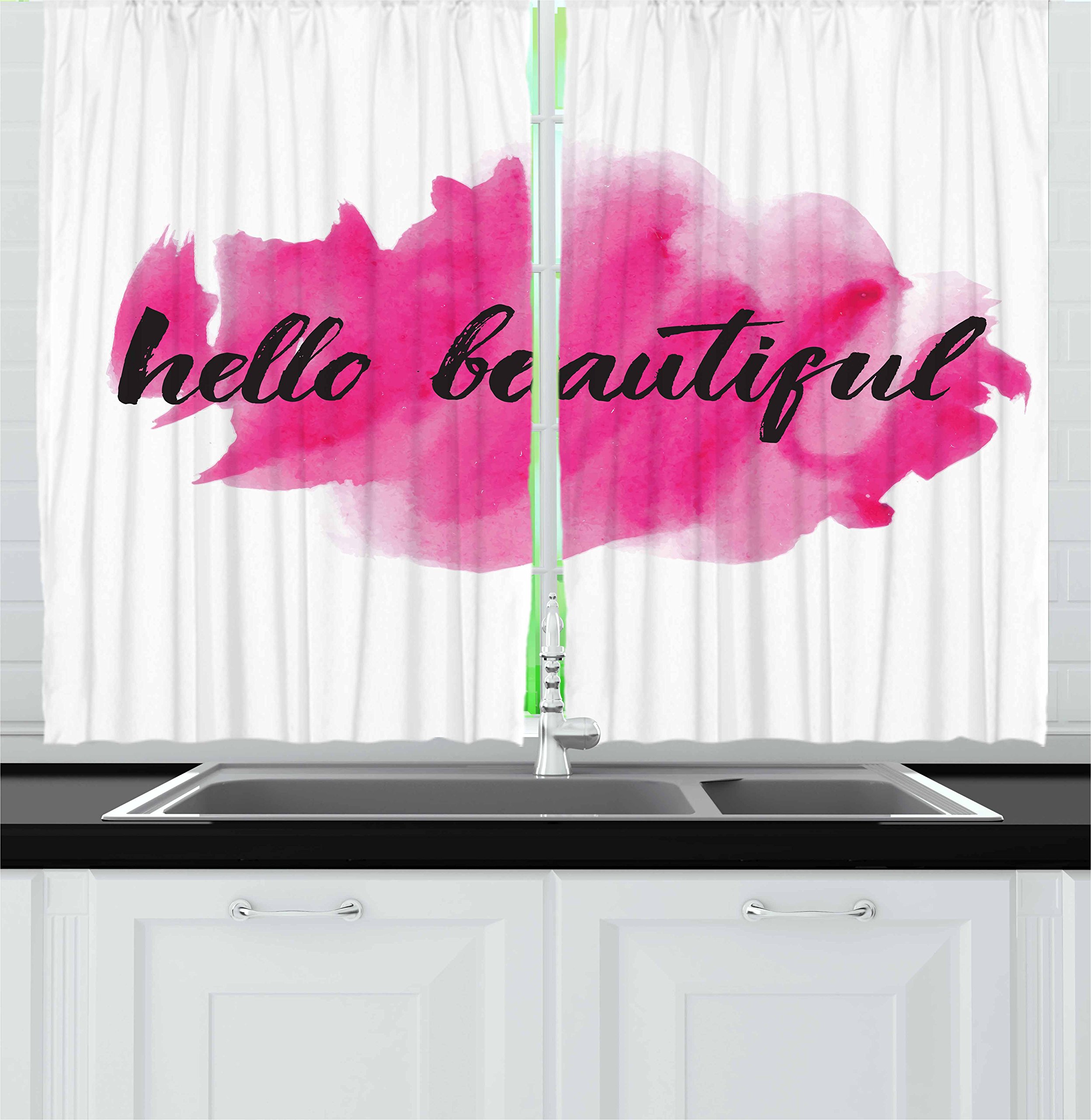 Ambesonne Hello Kitchen Curtains - Pink Calligraphy Lettering Window Drapes, 2 Panel Set 55