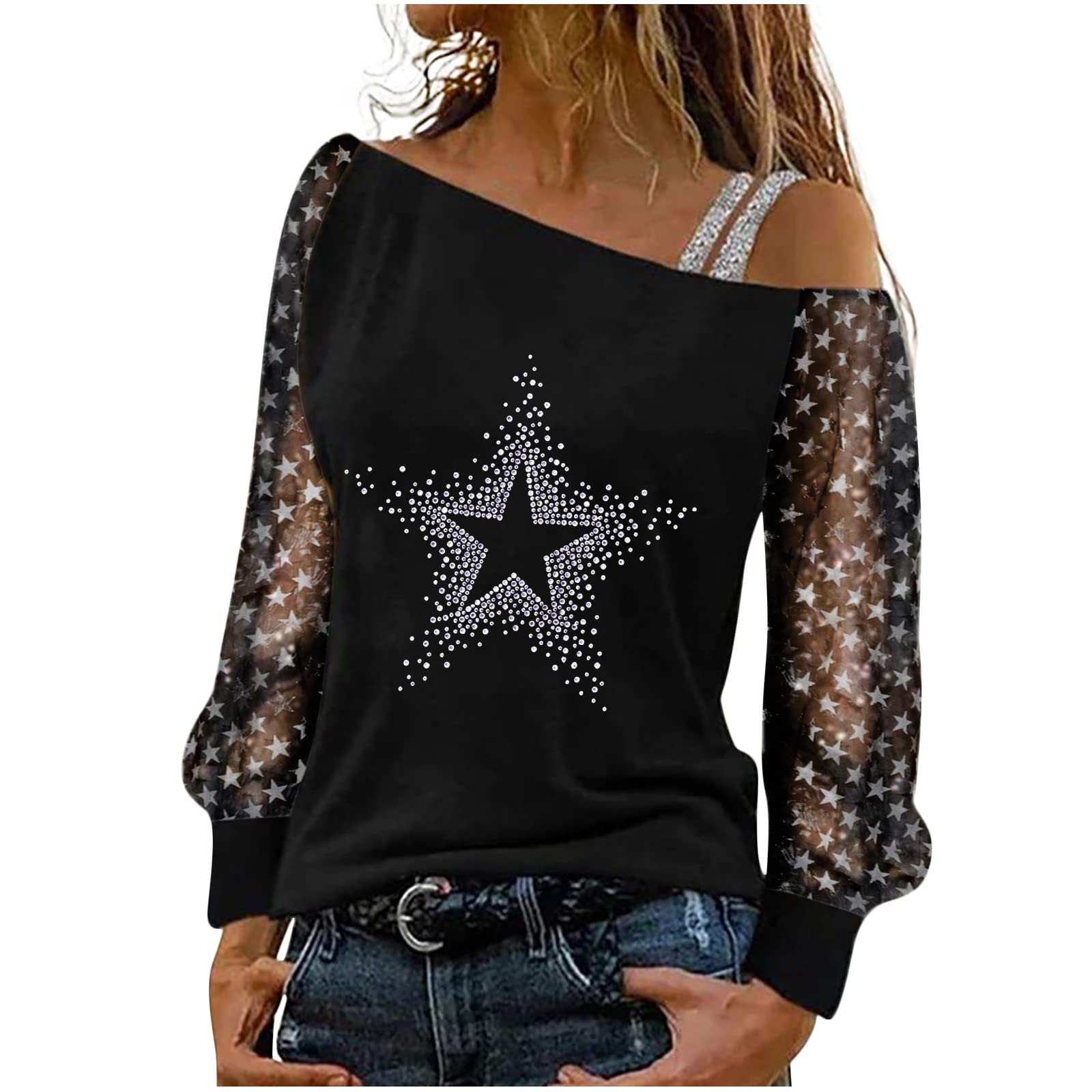 Sparkly Sequin Tops for Women | Rhinestone Cold Shoulder Graphic Tees | Sheer Sleeve Blouses | Perfect for Parties, Night Out & Special Occasions