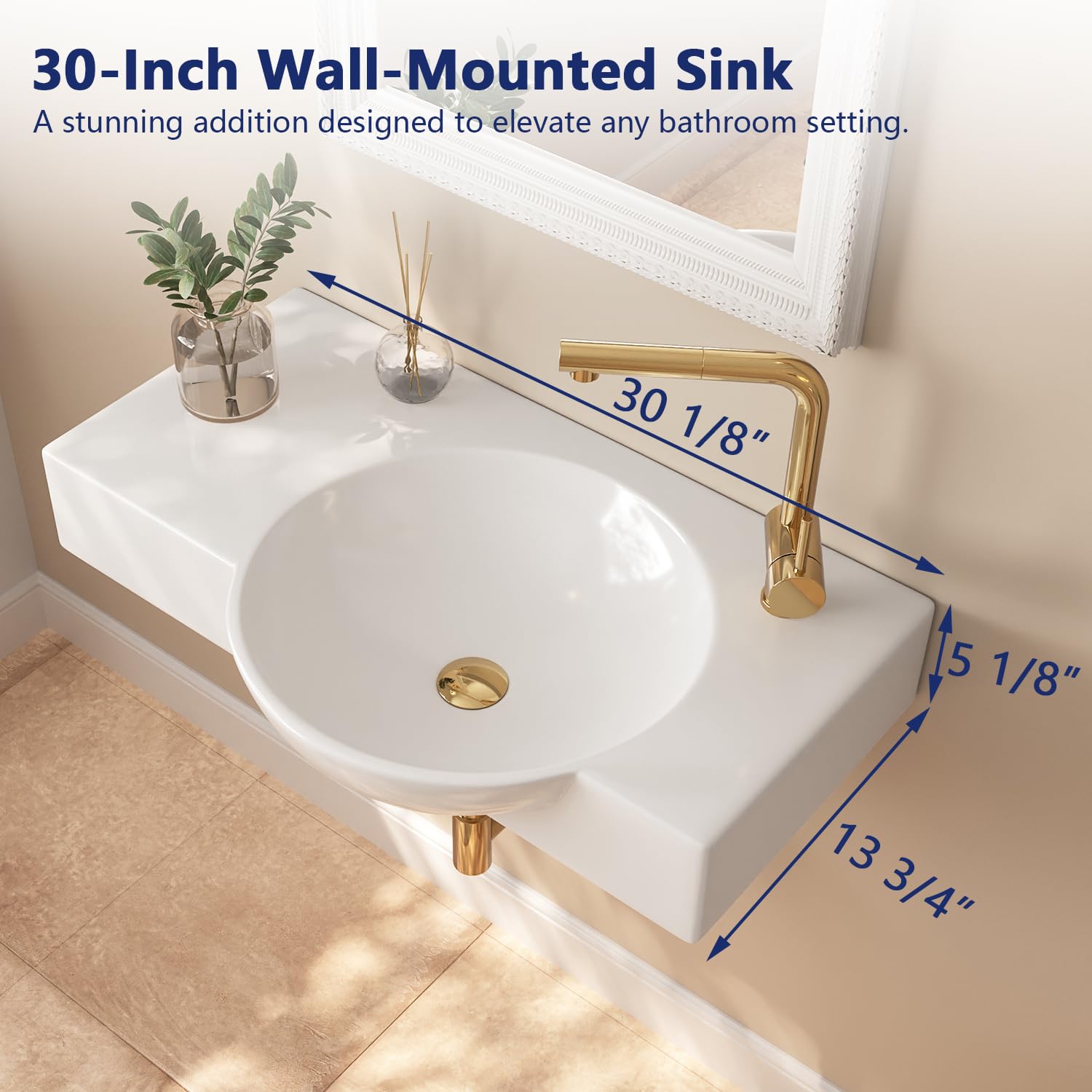 DeerValley 30x18 Inch White Ceramic Wall Mount Bathroom Sink - Modern Vessel Sink with Right Side Faucet Mount | Perfect for Small Bathrooms, Powder Rooms & Vanity Installations