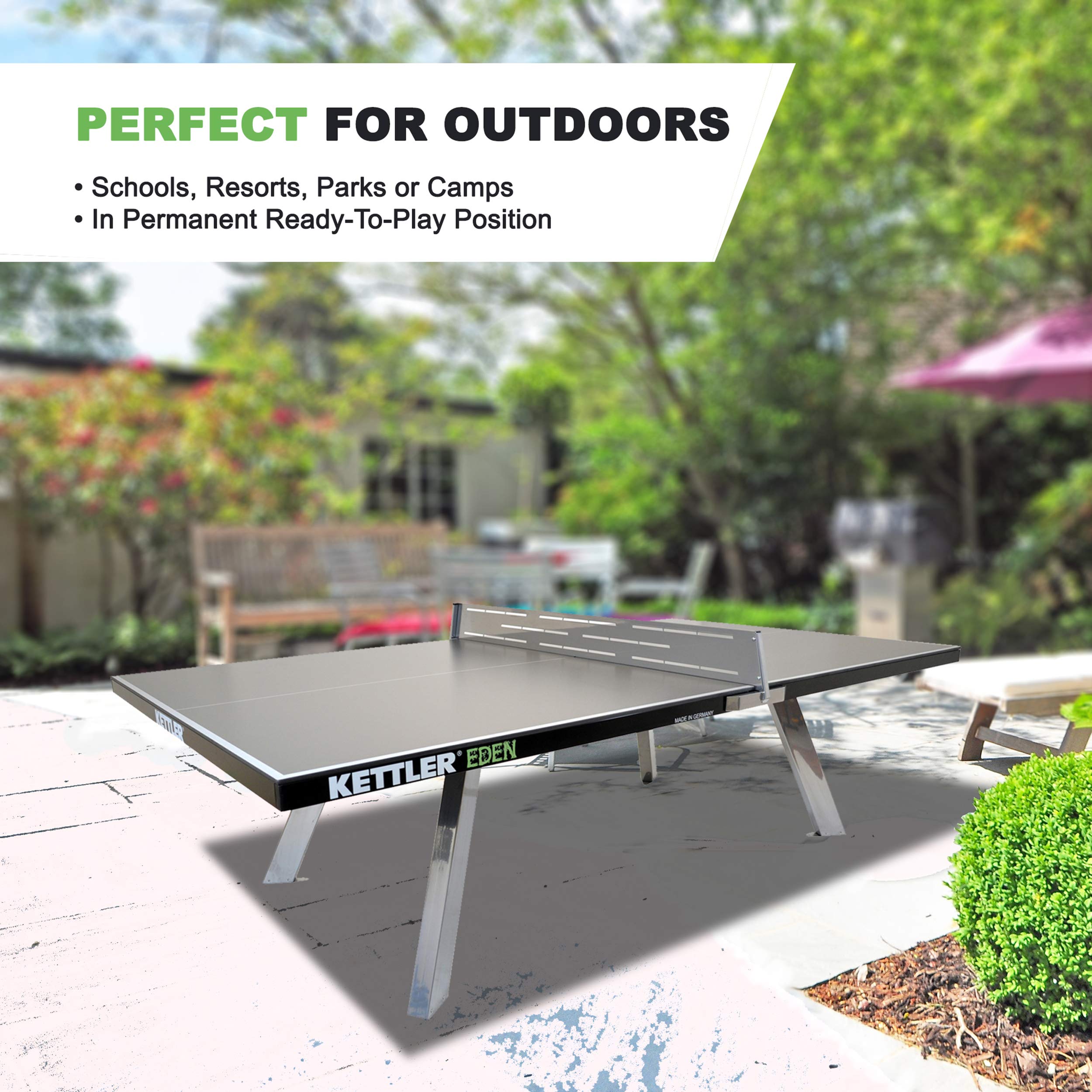 KETTLER Eden Weatherproof Outdoor Ping Pong Table - Galvanized Steel Legs & Permanent Net System - Perfect for Backyard, Patio, and Garage Games