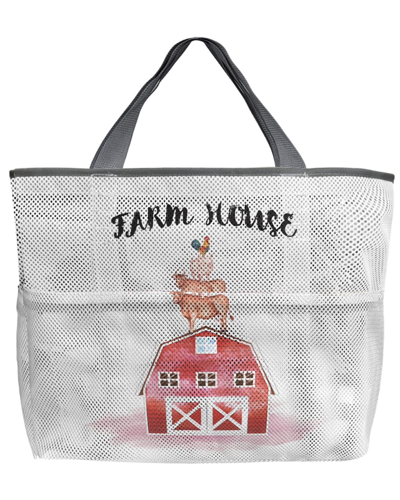 Farmhouse Red Barn Mesh Beach Tote Bag - 60L Oversized Waterproof Quick-Dry Swim Bag with Pockets | Cow & Pig Farm Animal Watercolor Design | Foldable Lightweight Grocery & Pool Storage (24