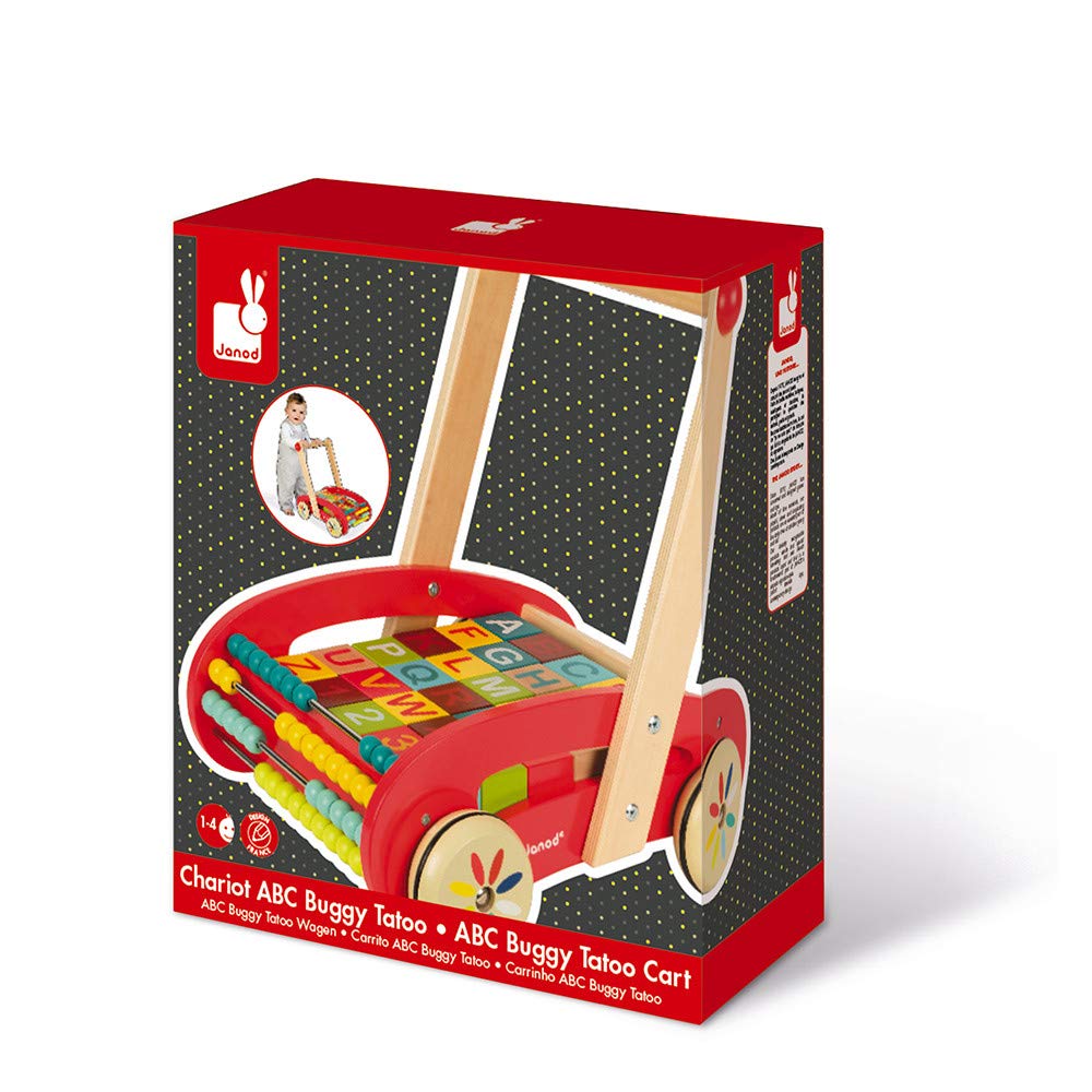 Janod Wooden ABC Buggy Cart with 30 Blocks - Educational Push Toy for Toddlers Ages 1-3 - Learning Alphabet & Motor Skills - Perfect for Indoor Play & Outdoor Walks - J05379