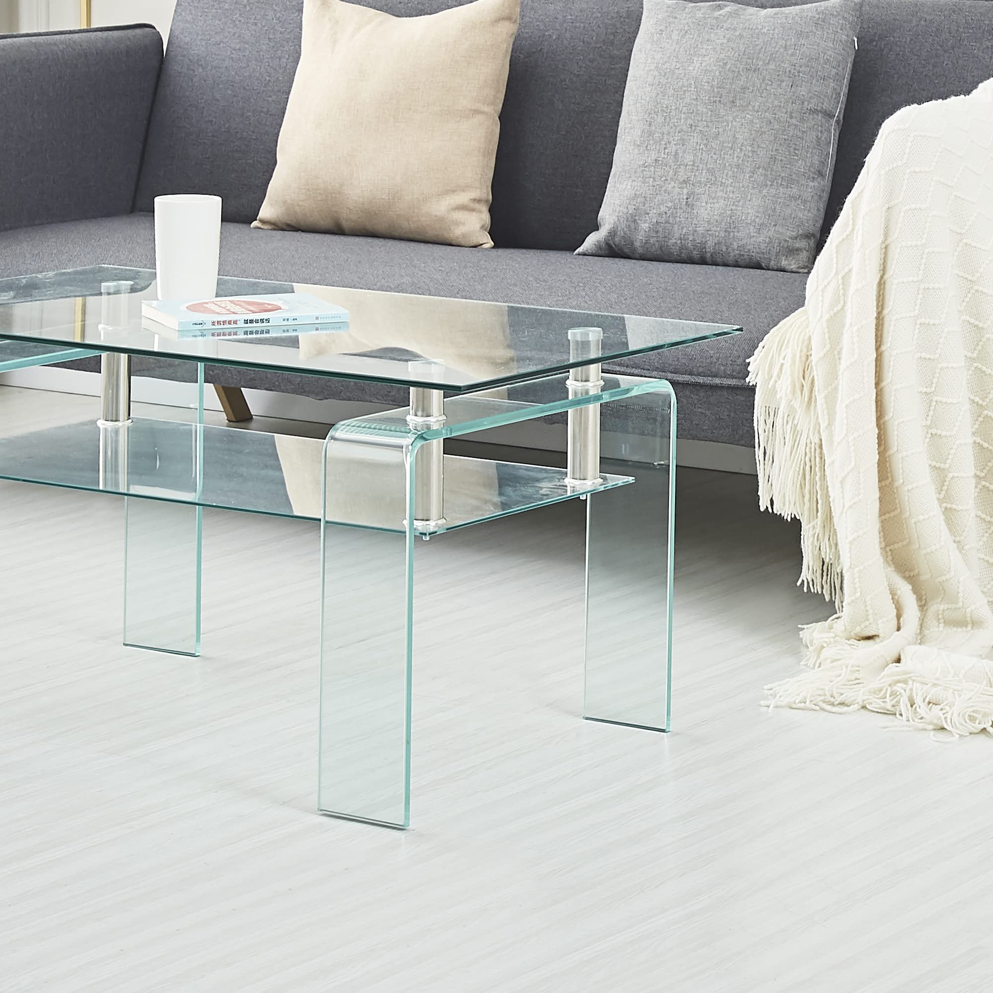 Modern Clear Glass Coffee Table with Storage Shelf - Rectangle Living Room Side Table for Small Spaces, Easy to Clean - Perfect for Home Decor, Apartment Furniture & Office Waiting Areas