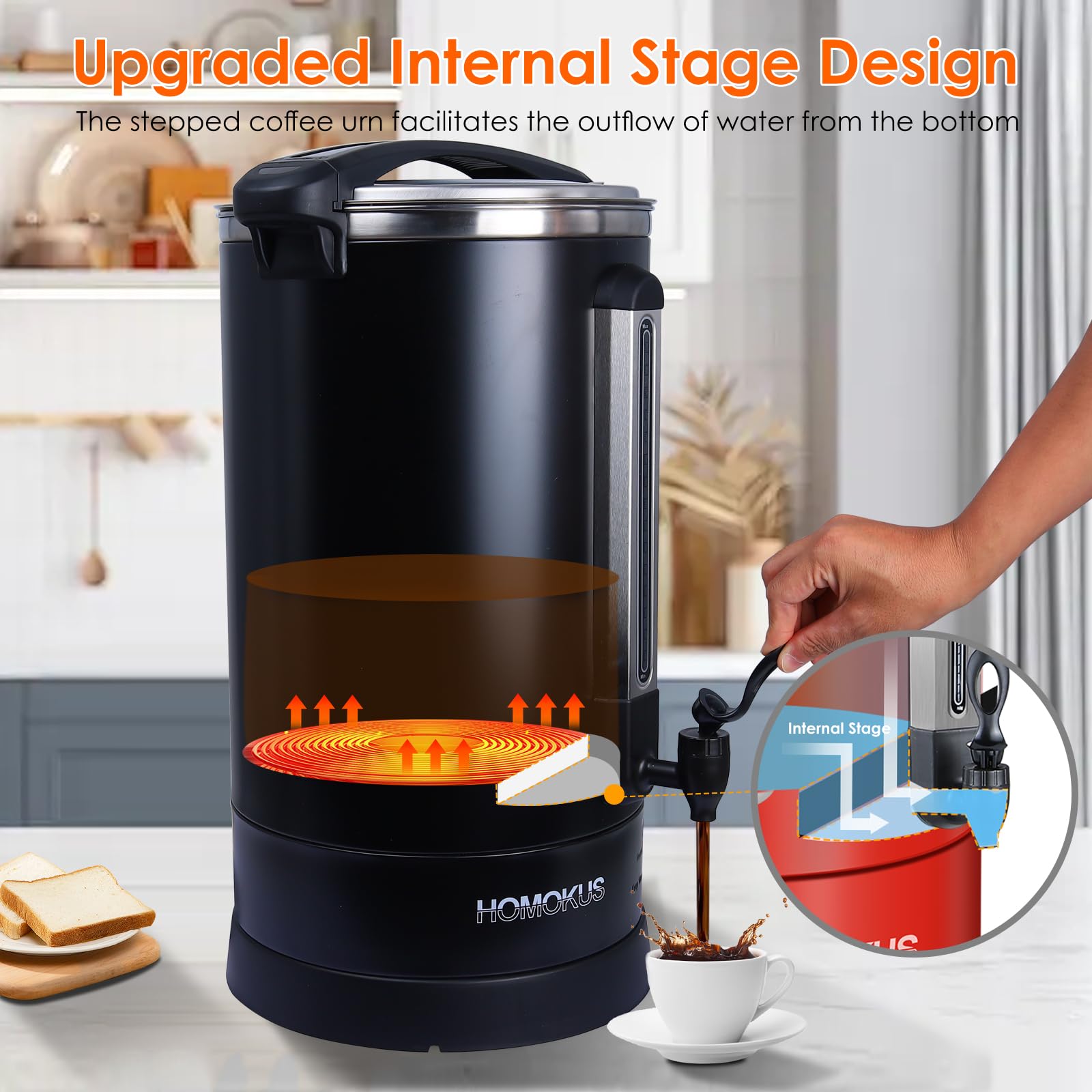 HOMOKUS 18L Commercial Coffee Urn - 120 Cup Stainless Steel Coffee Maker with 1500W Quick Brew, Double Wall Insulation for Hot Coffee & Water Dispenser - Perfect for Offices, Catering & Large Events (Dark Grey)