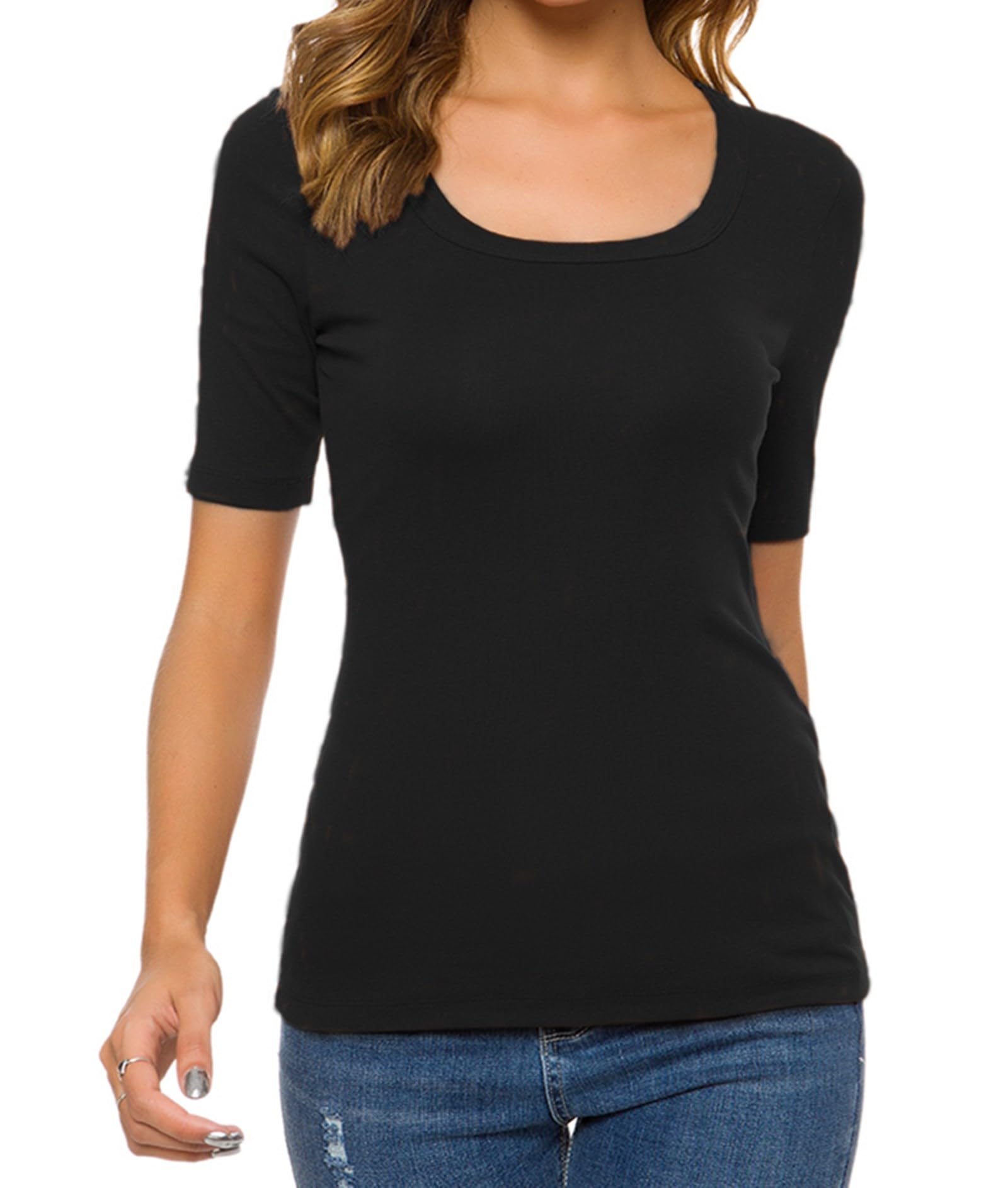 Women's Square U-Neck Short Sleeve Fitted Cotton Basic Tee - Soft Comfortable T-Shirt for Summer & Winter Layering - Casual Wear, Workout, Everyday Outfits