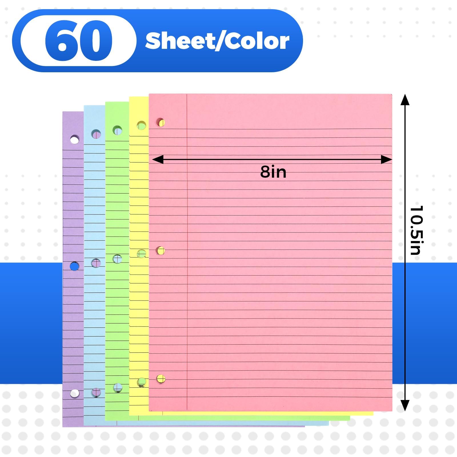 300 Sheets Colorful College Ruled Loose Leaf Paper - 3-Hole Punched 8